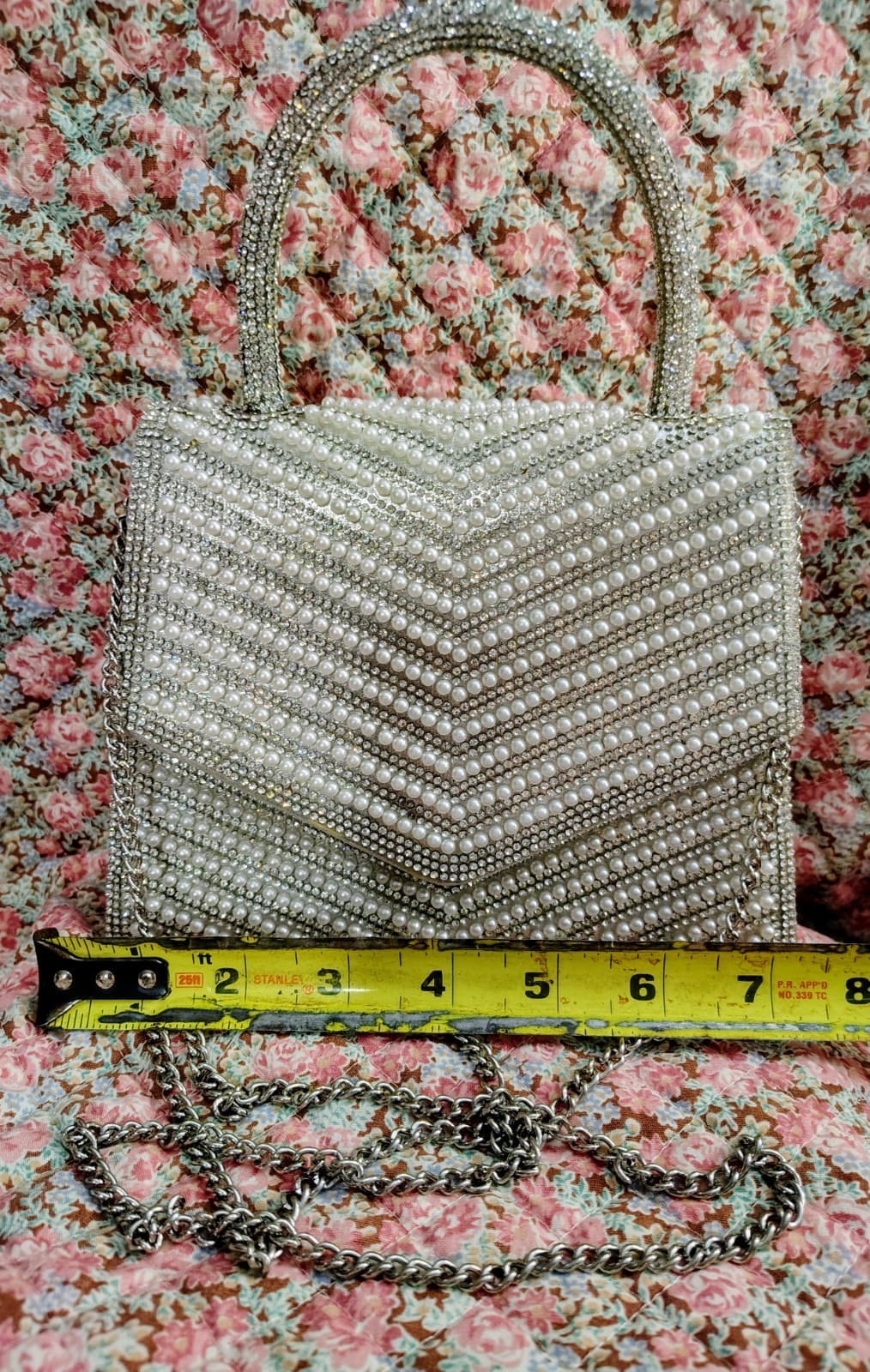 White/Ivory Beaded Embellished Formal Dress Handbag Metal Chain Strap - Thumbnail 10