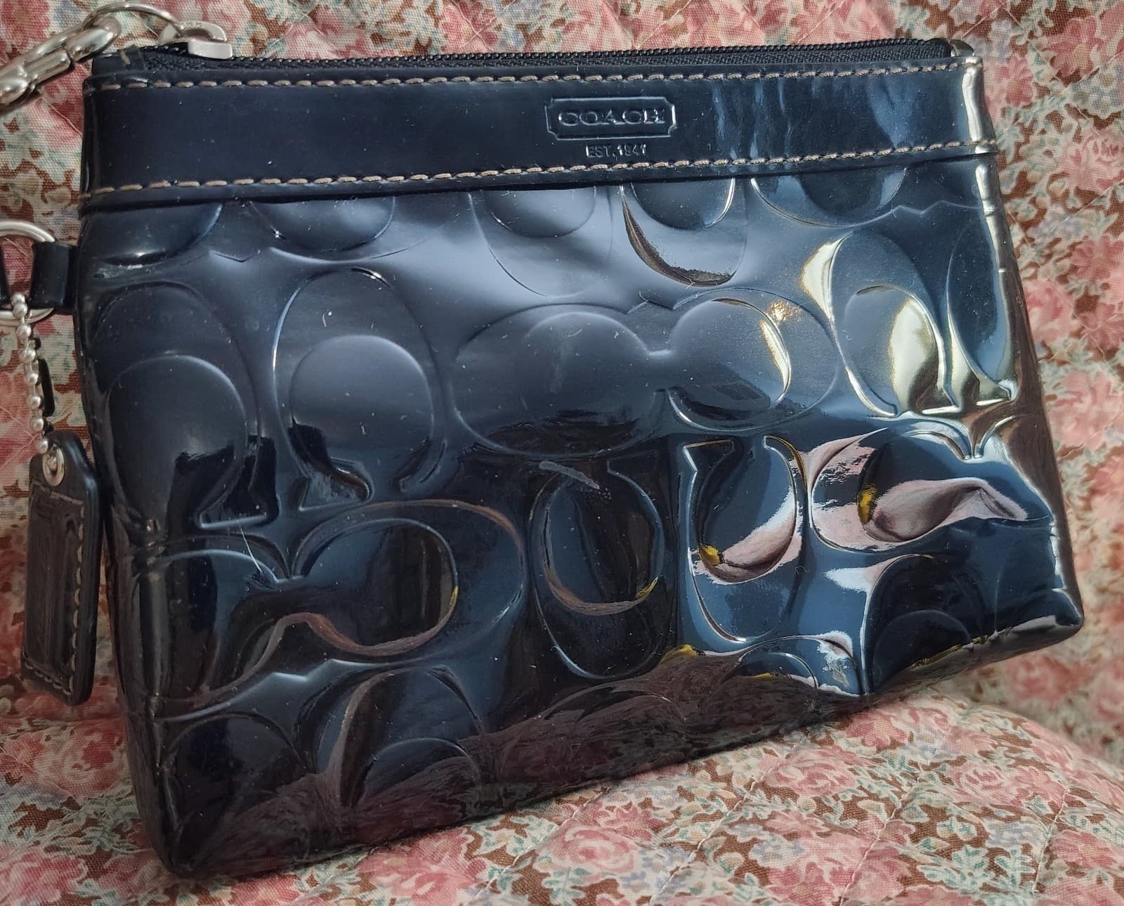 Vintage COACH Signature Stitch Black Patent Leather Wristlet, Wallet, Clutch
