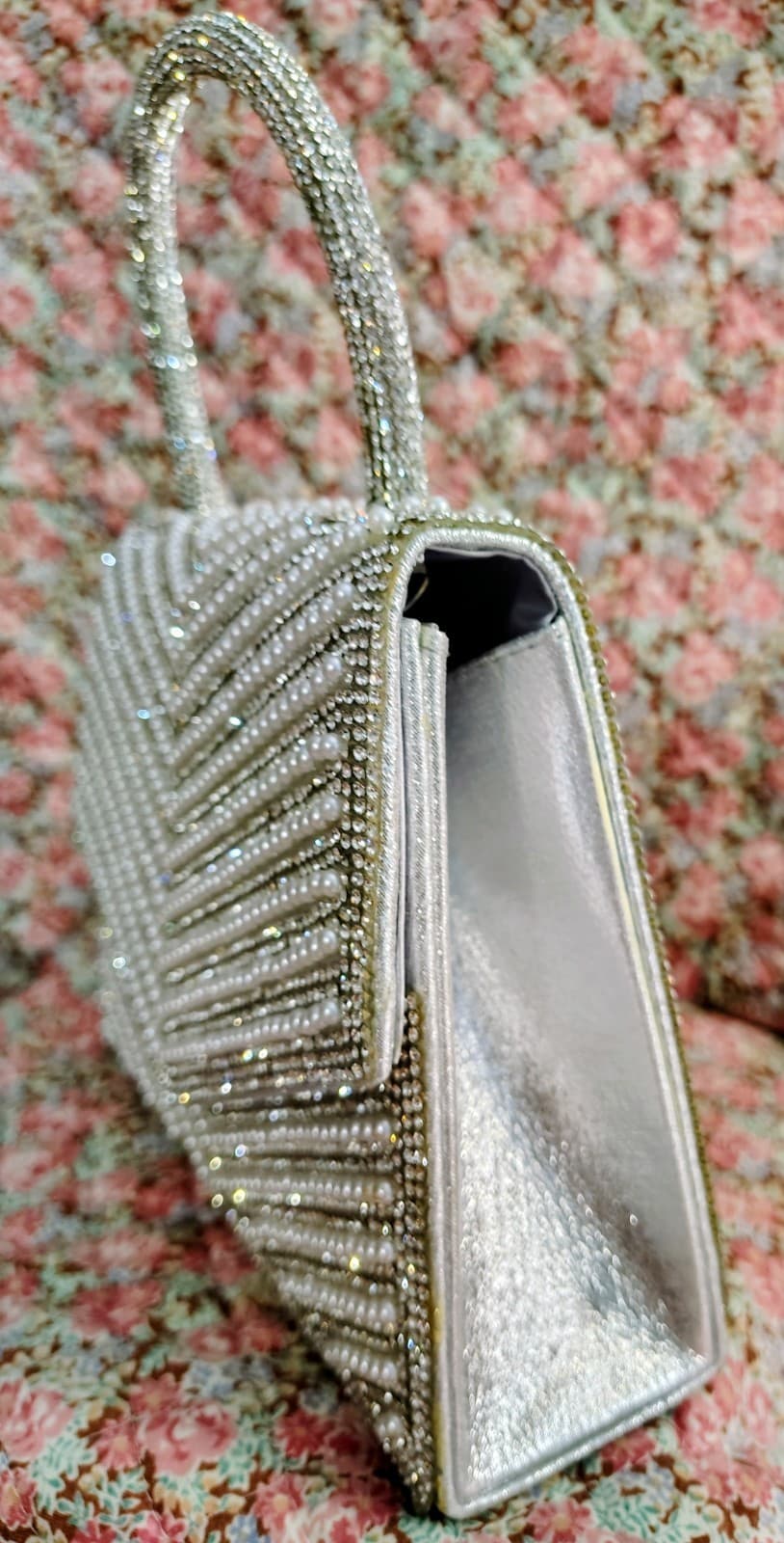 White/Ivory Beaded Embellished Formal Dress Handbag Metal Chain Strap - Thumbnail 2
