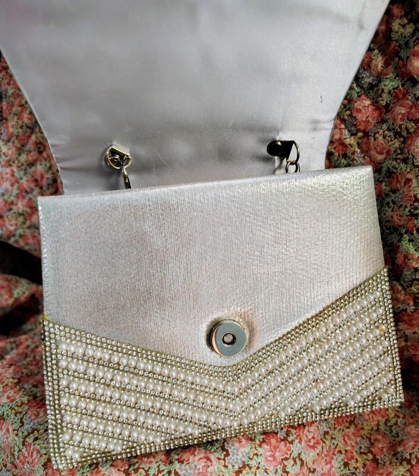 White/Ivory Beaded Embellished Formal Dress Handbag Metal Chain Strap - Thumbnail 9