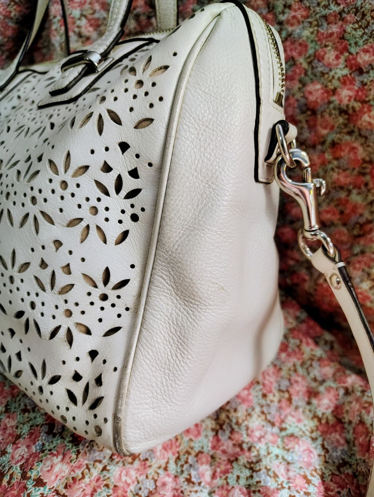 Coach Taylor Eyelet Cut Out Flower Leather Satchel Long Strap White Ivory - Thumbnail 5