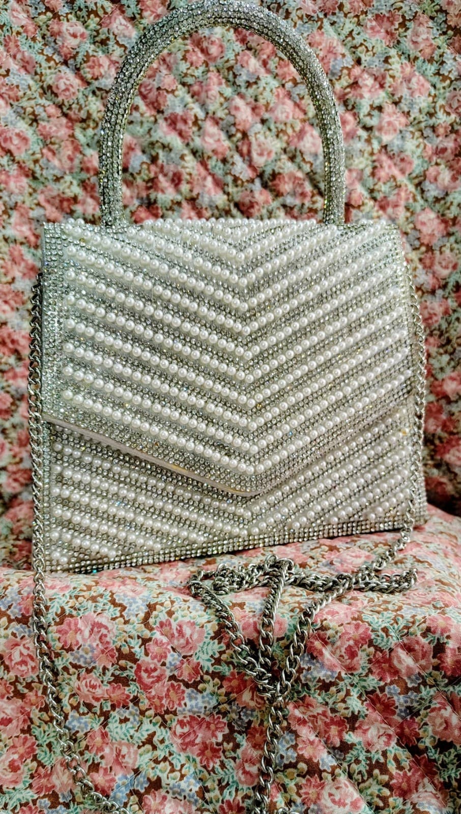 White/Ivory Beaded Embellished Formal Dress Handbag Metal Chain Strap - Thumbnail 11