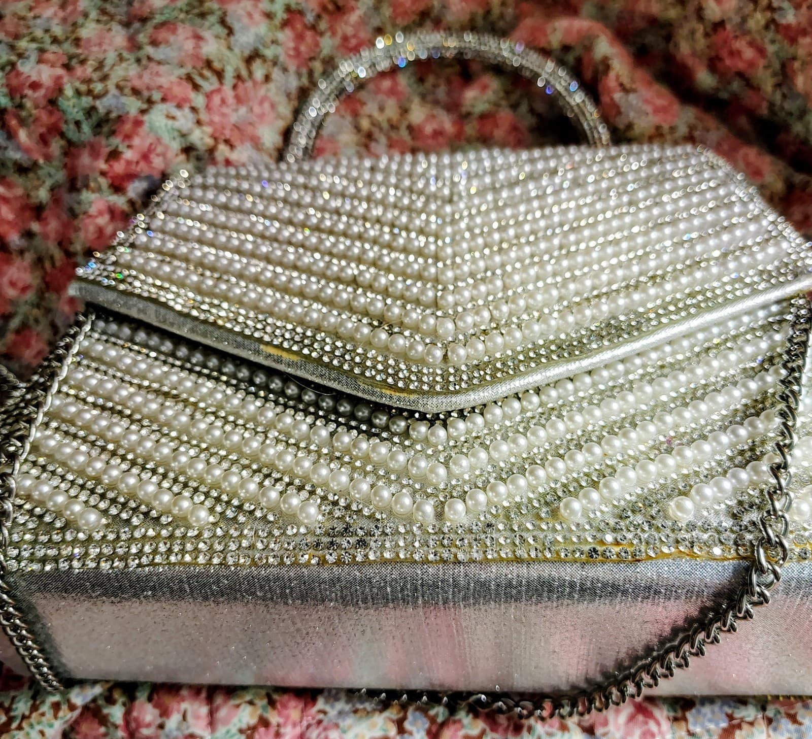 White/Ivory Beaded Embellished Formal Dress Handbag Metal Chain Strap - Thumbnail 13