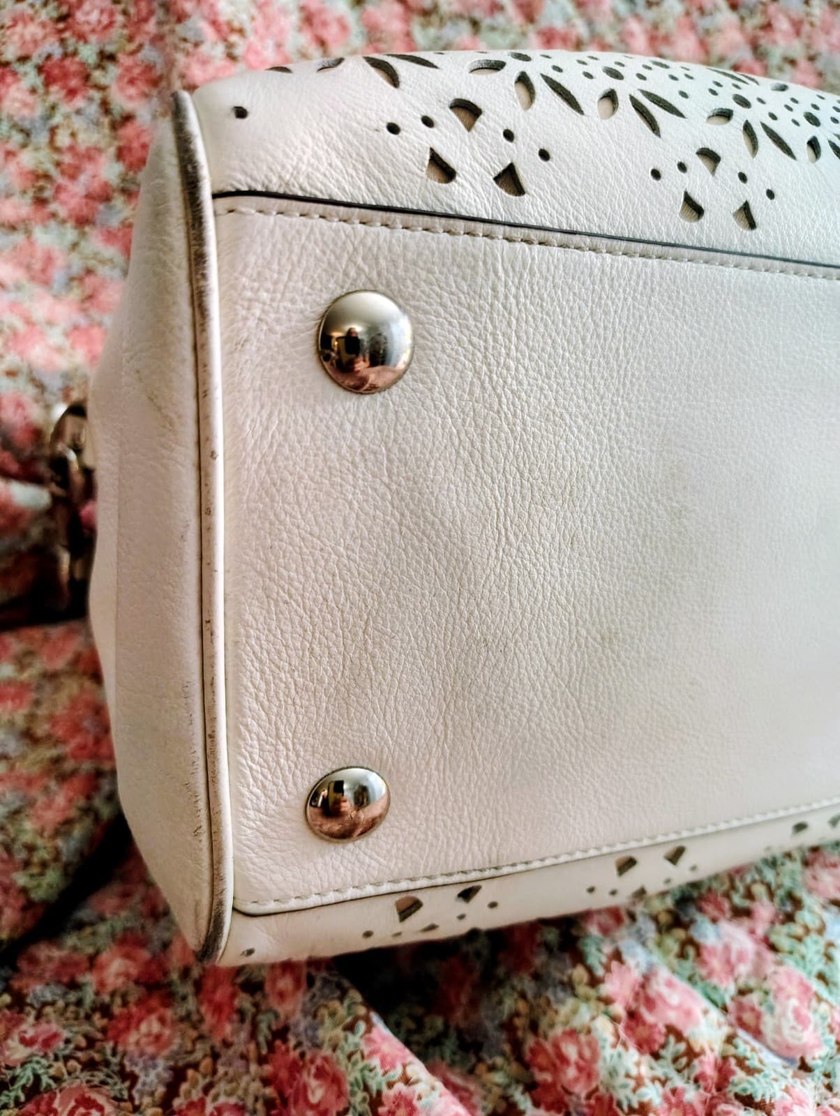 Coach Taylor Eyelet Cut Out Flower Leather Satchel Long Strap White Ivory - Thumbnail 10