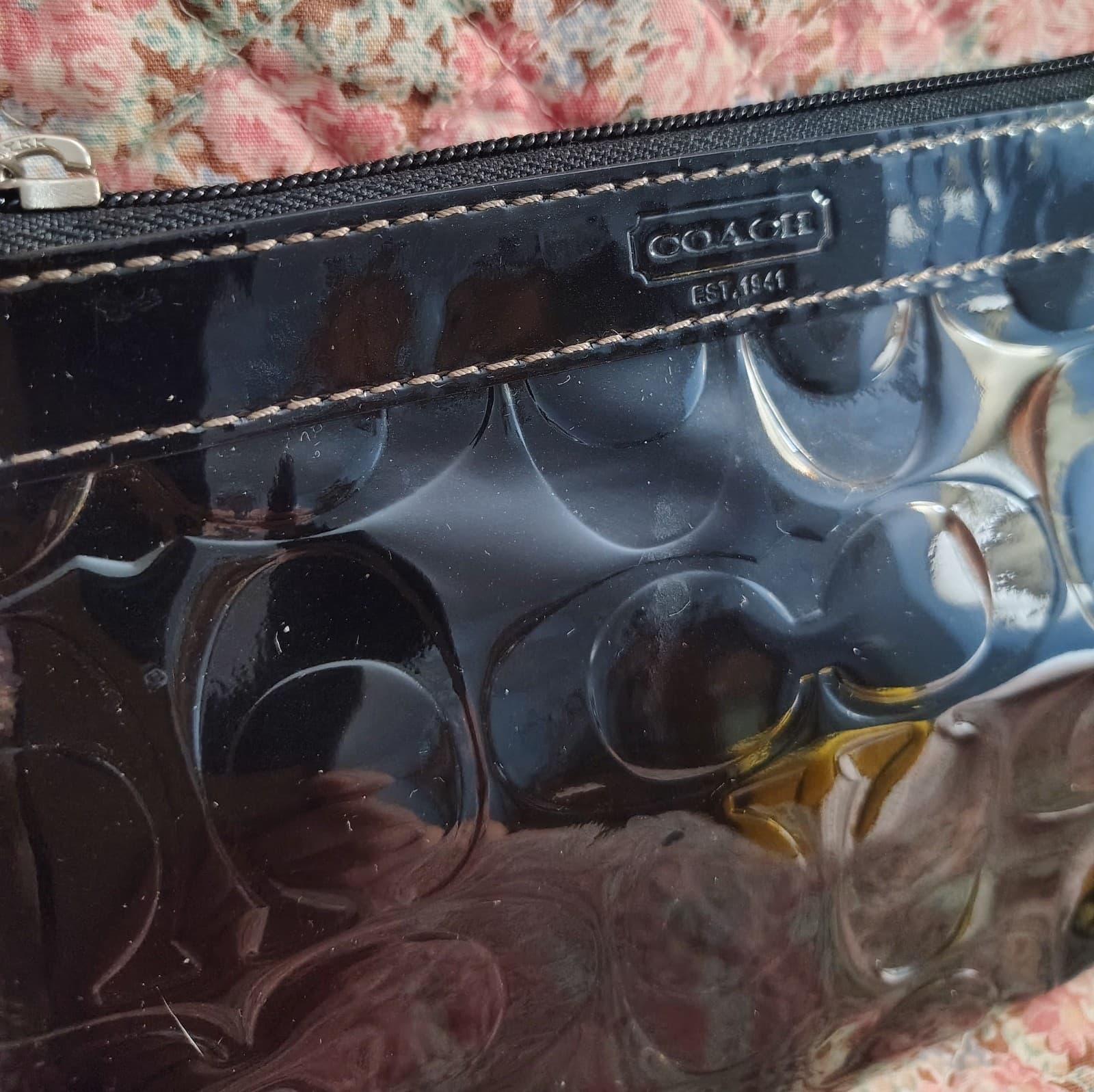 Vintage COACH Signature Stitch Black Patent Leather Wristlet, Wallet, Clutch - Thumbnail 2