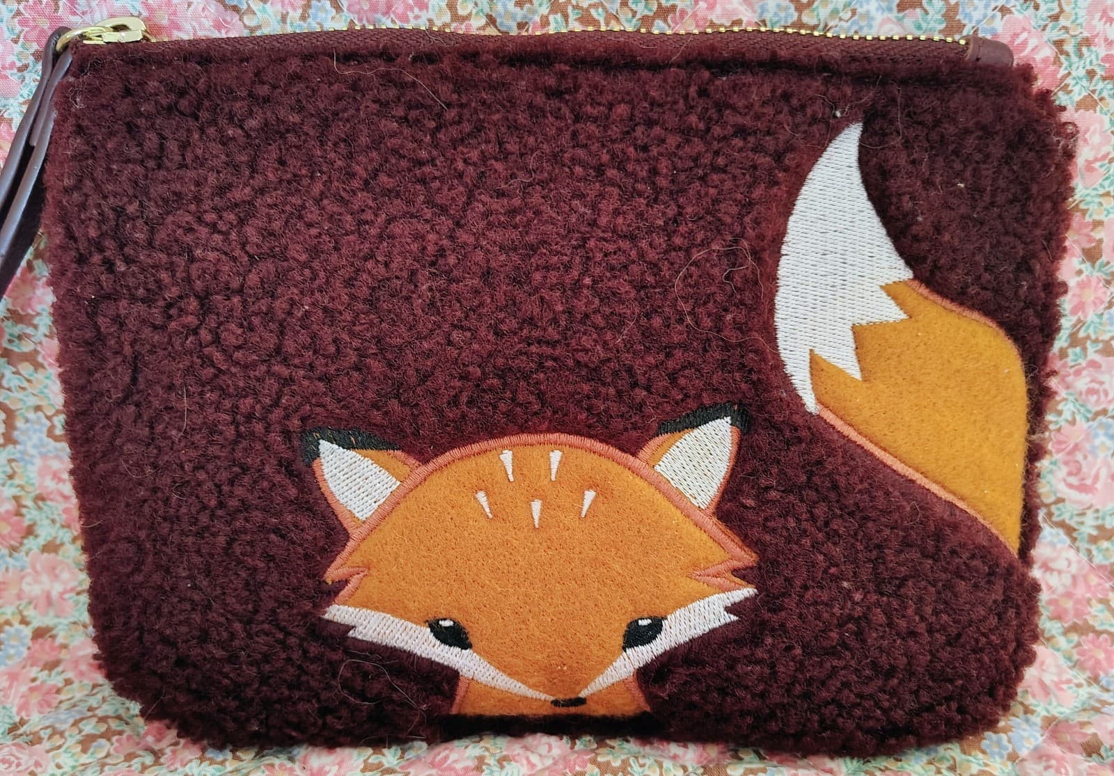 Old Navy Zippered Maroon Sherpa Polyester Wristlet With Fox Embroidery