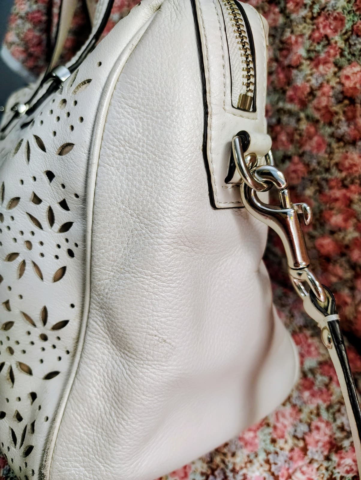 Coach Taylor Eyelet Cut Out Flower Leather Satchel Long Strap White Ivory - Thumbnail 4