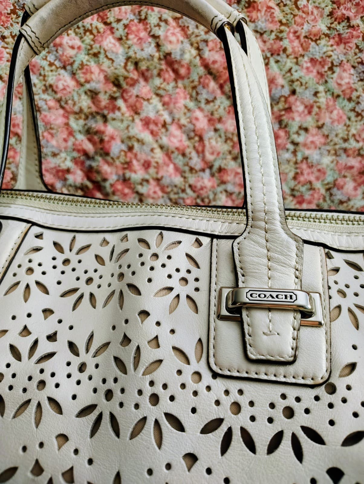 Coach Taylor Eyelet Cut Out Flower Leather Satchel Long Strap White Ivory - Thumbnail 6