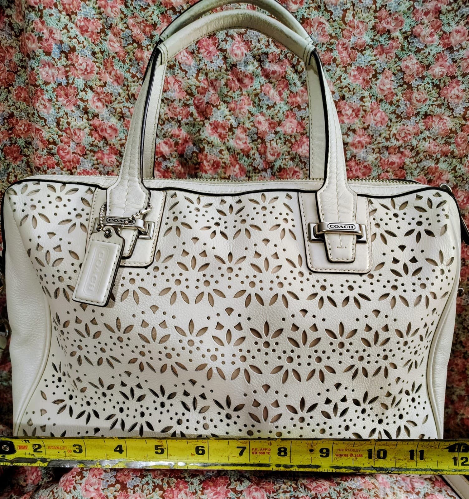 Coach Taylor Eyelet Cut Out Flower Leather Satchel Long Strap White Ivory - Thumbnail 19