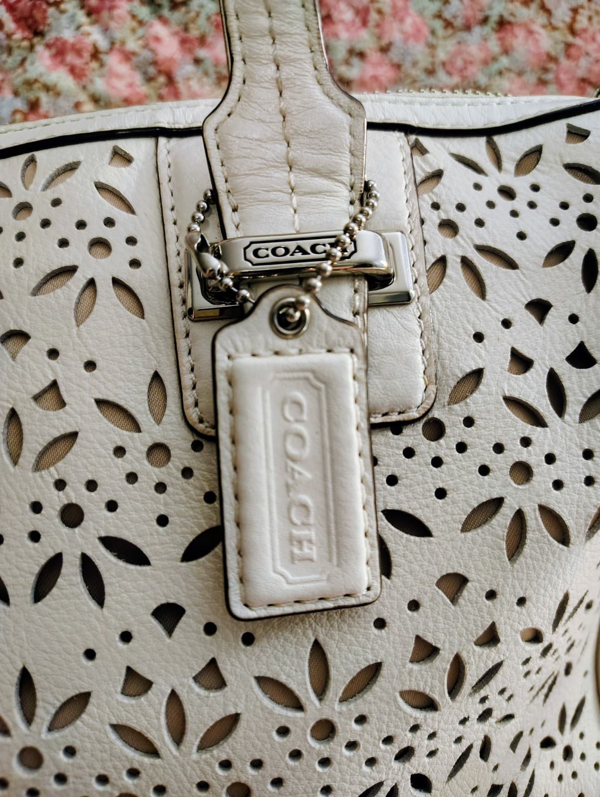 Coach Taylor Eyelet Cut Out Flower Leather Satchel Long Strap White Ivory - Thumbnail 12