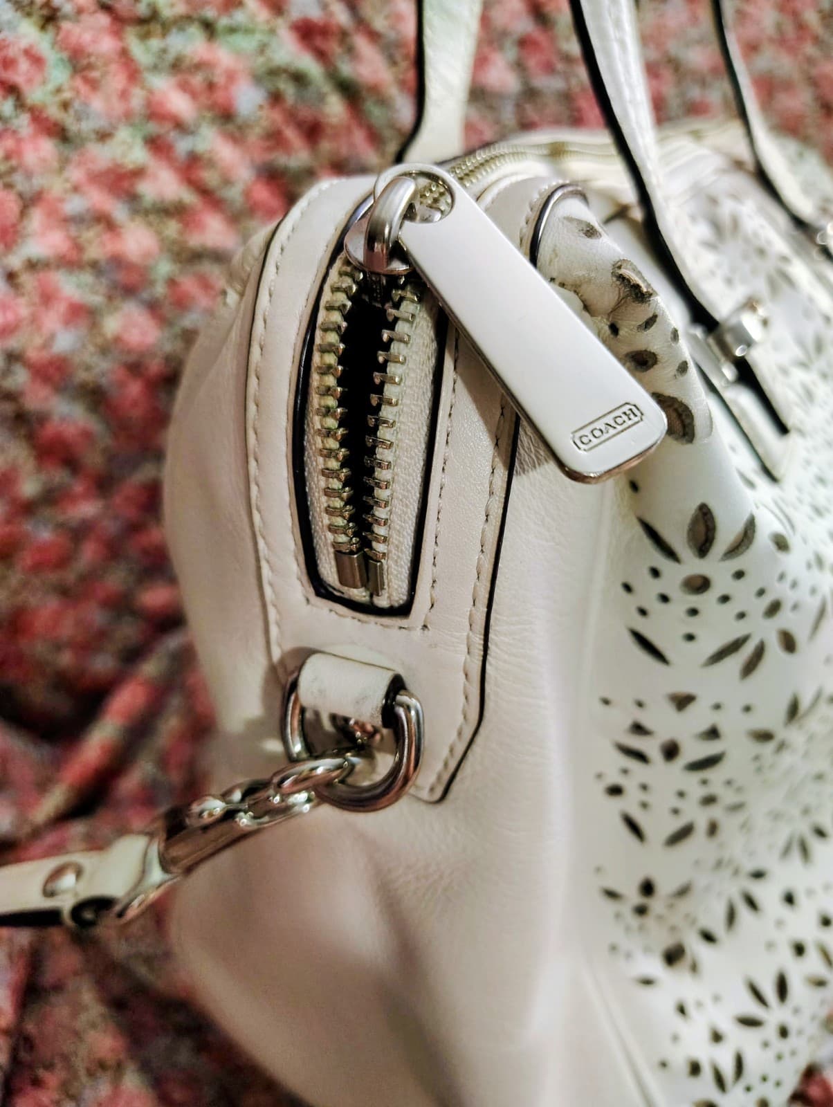 Coach Taylor Eyelet Cut Out Flower Leather Satchel Long Strap White Ivory - Thumbnail 2
