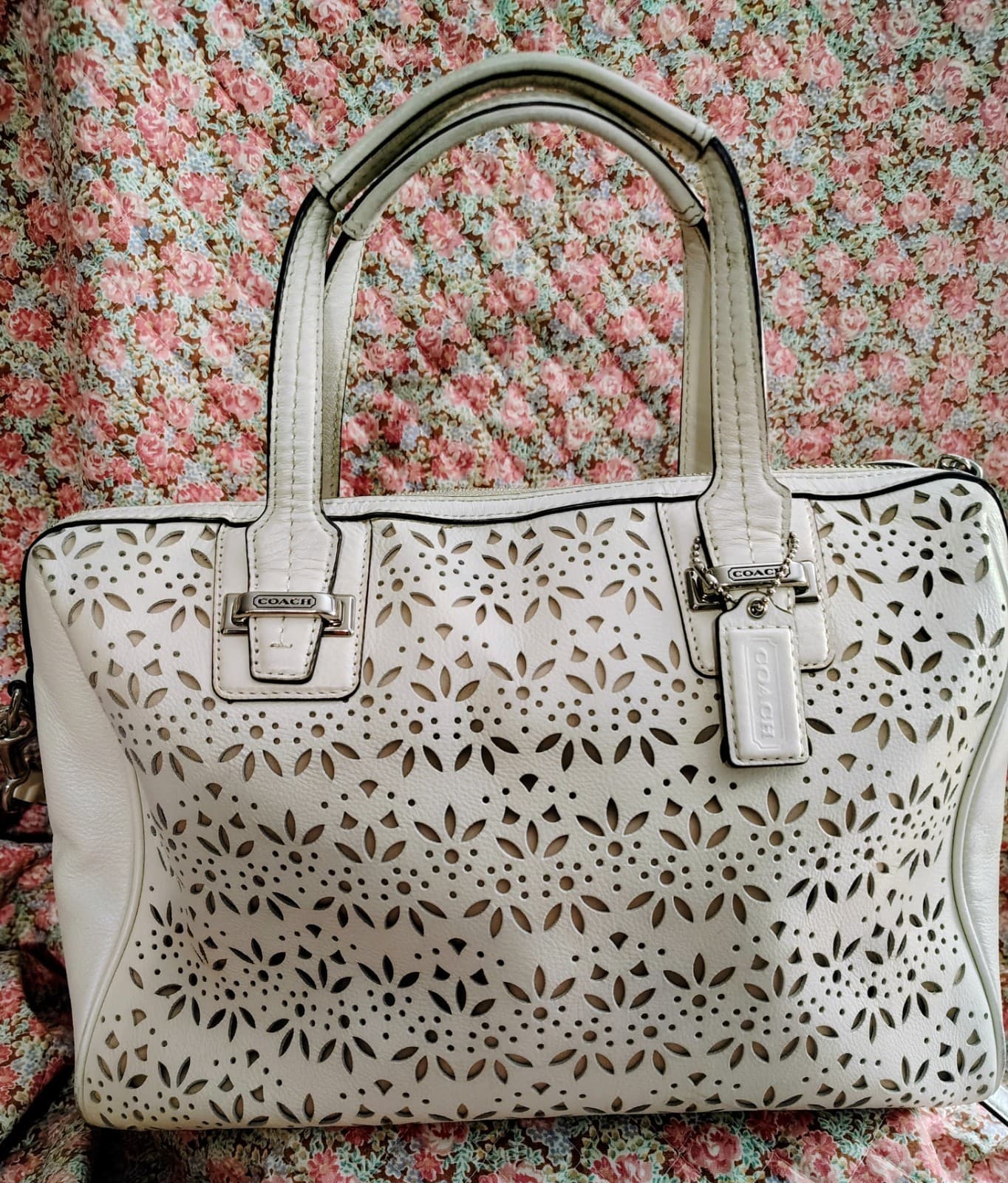 Coach Taylor Eyelet Cut Out Flower Leather Satchel Long Strap White Ivory - Thumbnail 8