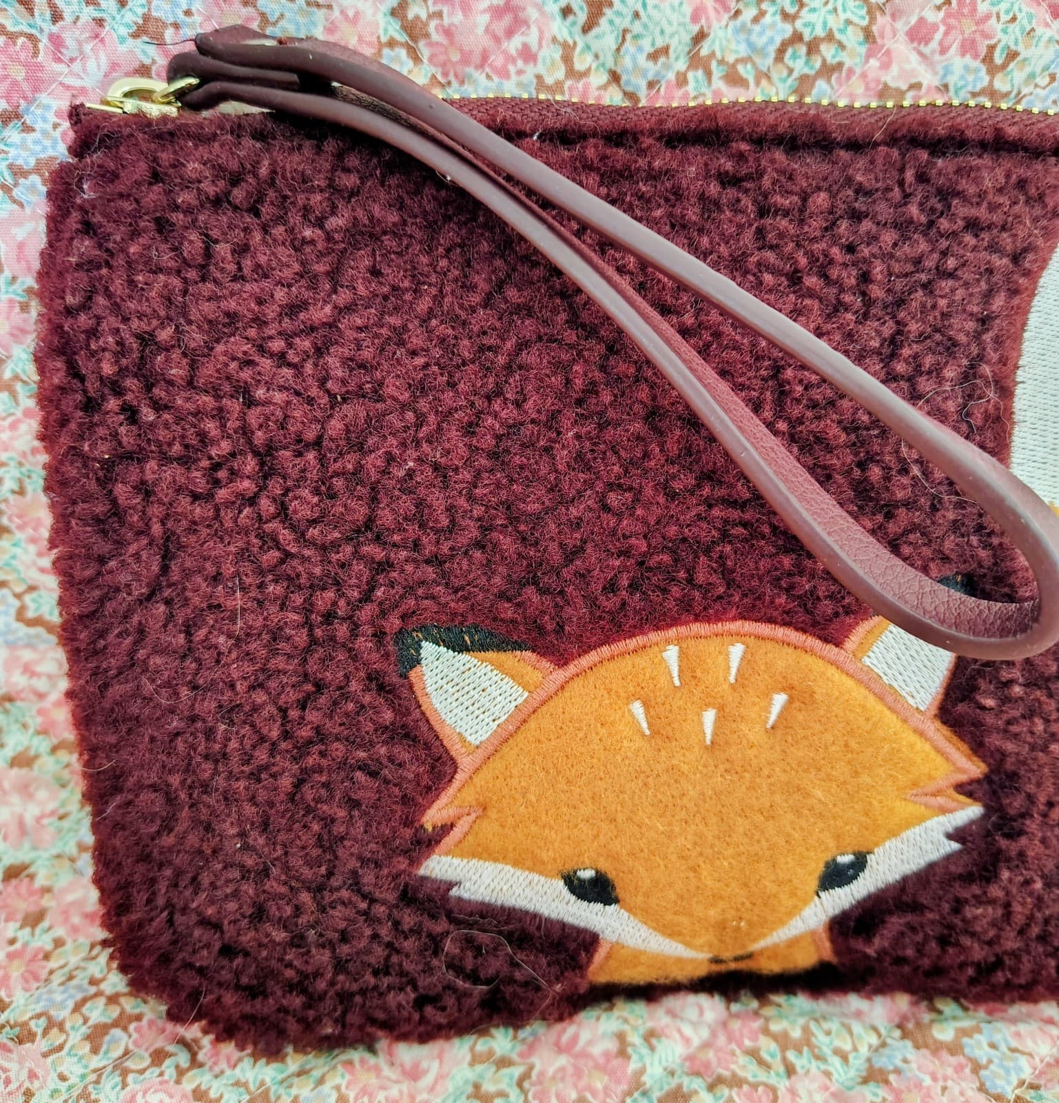 Old Navy Zippered Maroon Sherpa Polyester Wristlet With Fox Embroidery - Thumbnail 2