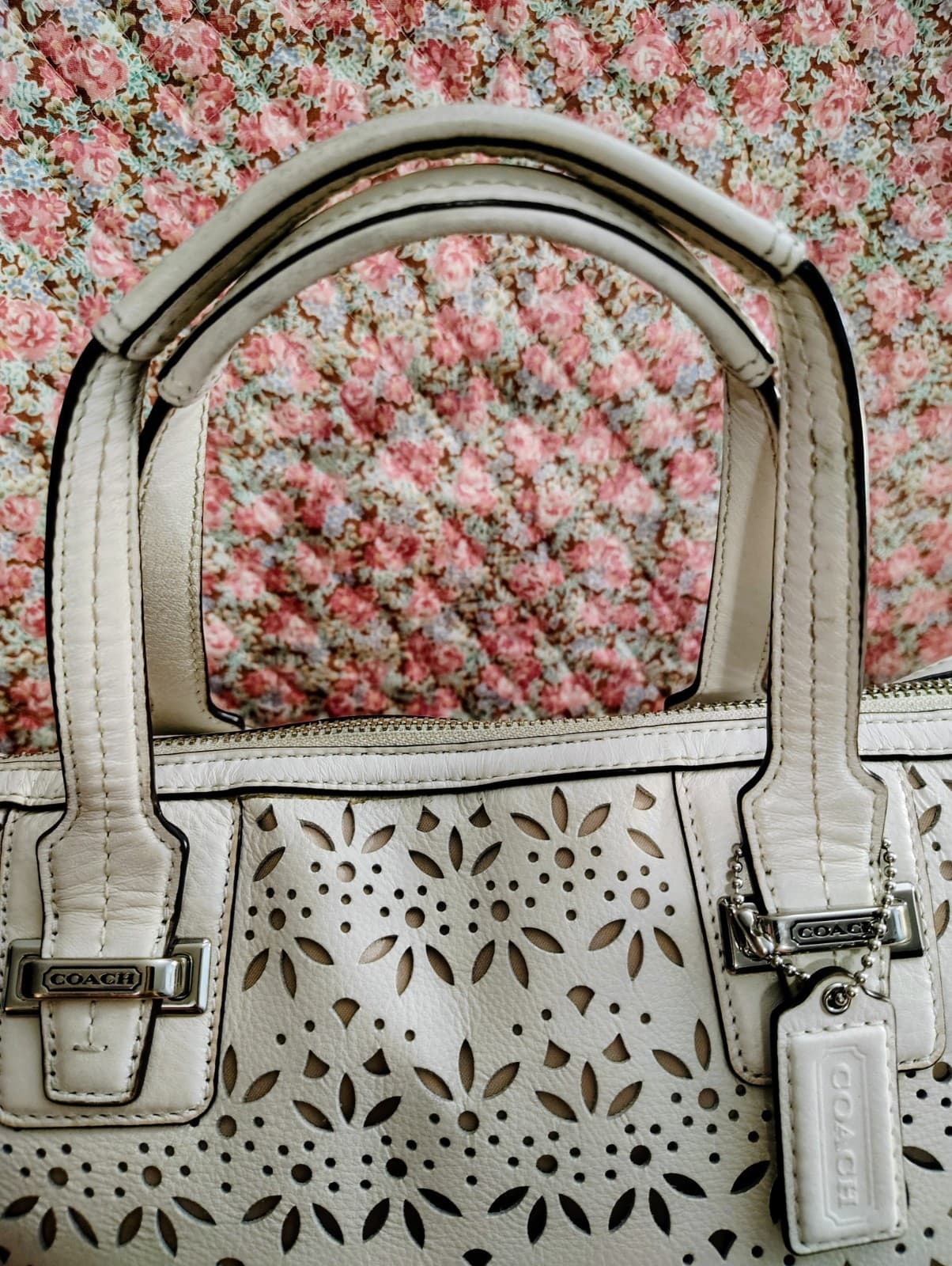 Coach Taylor Eyelet Cut Out Flower Leather Satchel Long Strap White Ivory - Thumbnail 11