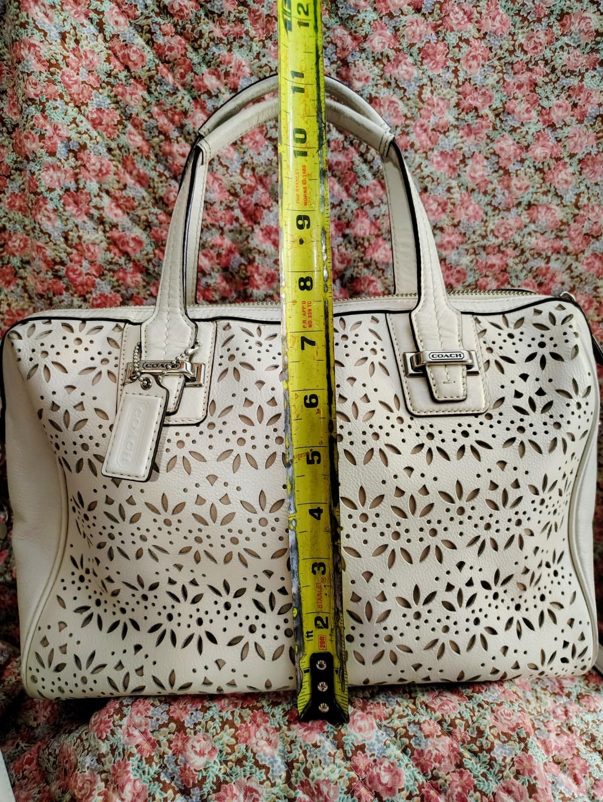 Coach Taylor Eyelet Cut Out Flower Leather Satchel Long Strap White Ivory - Thumbnail 20