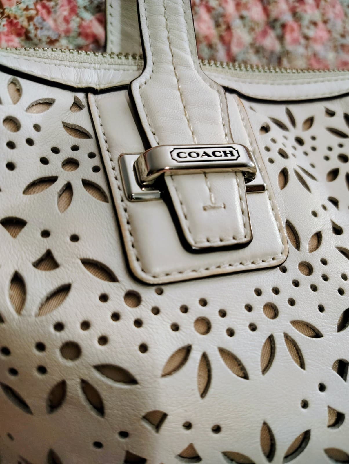Coach Taylor Eyelet Cut Out Flower Leather Satchel Long Strap White Ivory - Thumbnail 7