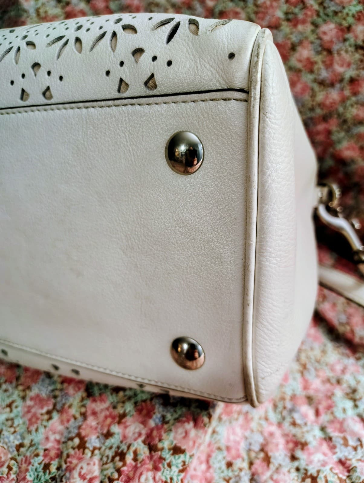 Coach Taylor Eyelet Cut Out Flower Leather Satchel Long Strap White Ivory - Thumbnail 9