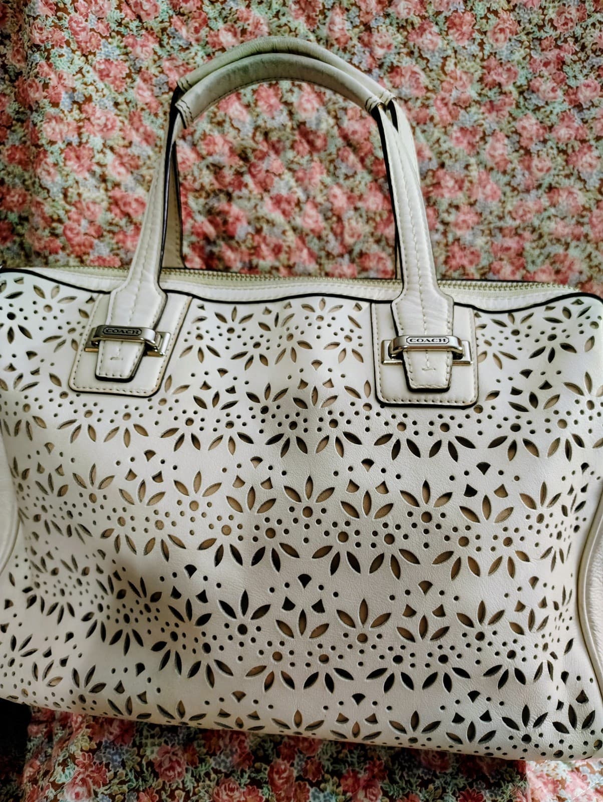 Coach Taylor Eyelet Cut Out Flower Leather Satchel Long Strap White Ivory - Thumbnail 22