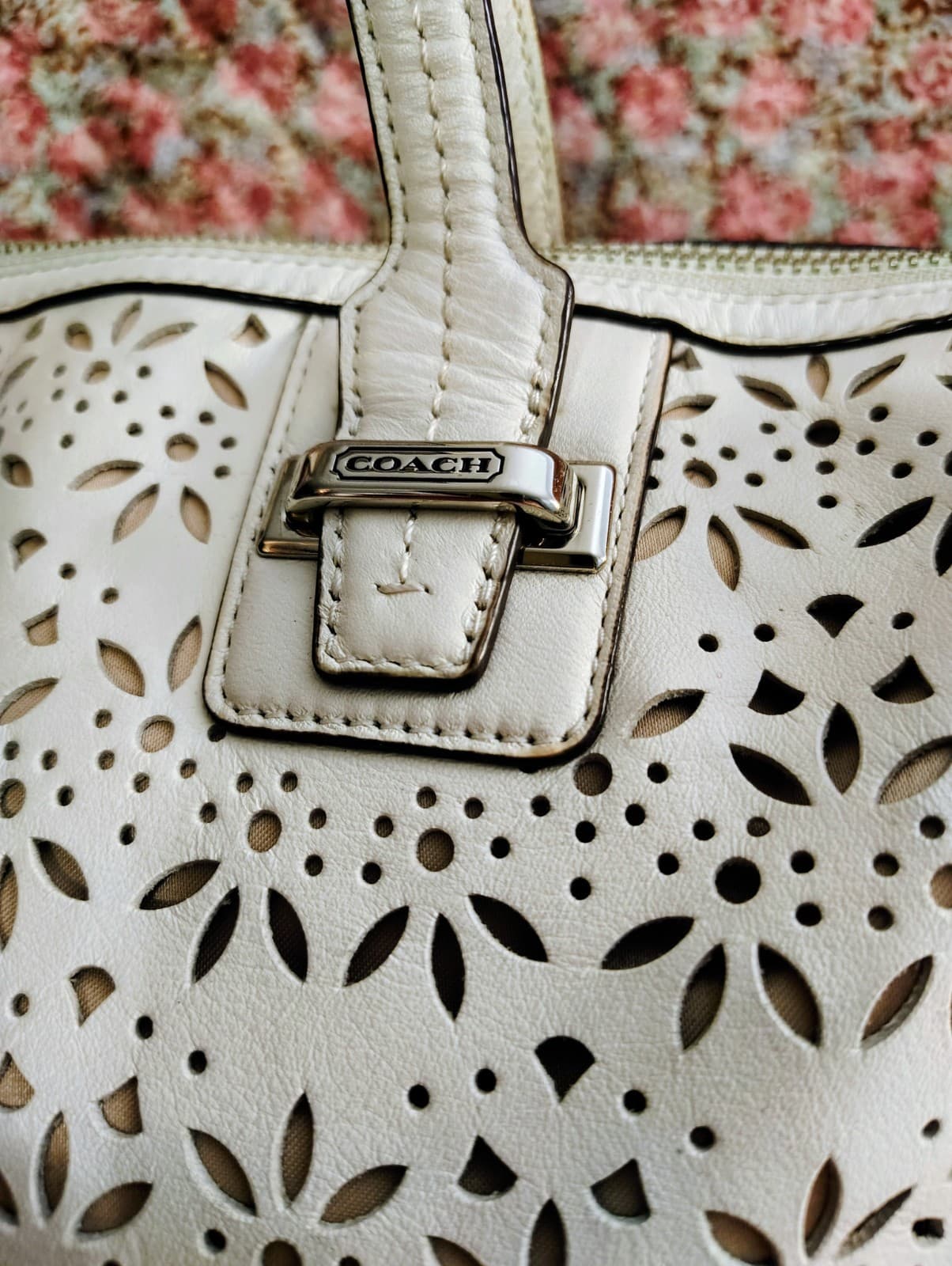 Coach Taylor Eyelet Cut Out Flower Leather Satchel Long Strap White Ivory - Thumbnail 21