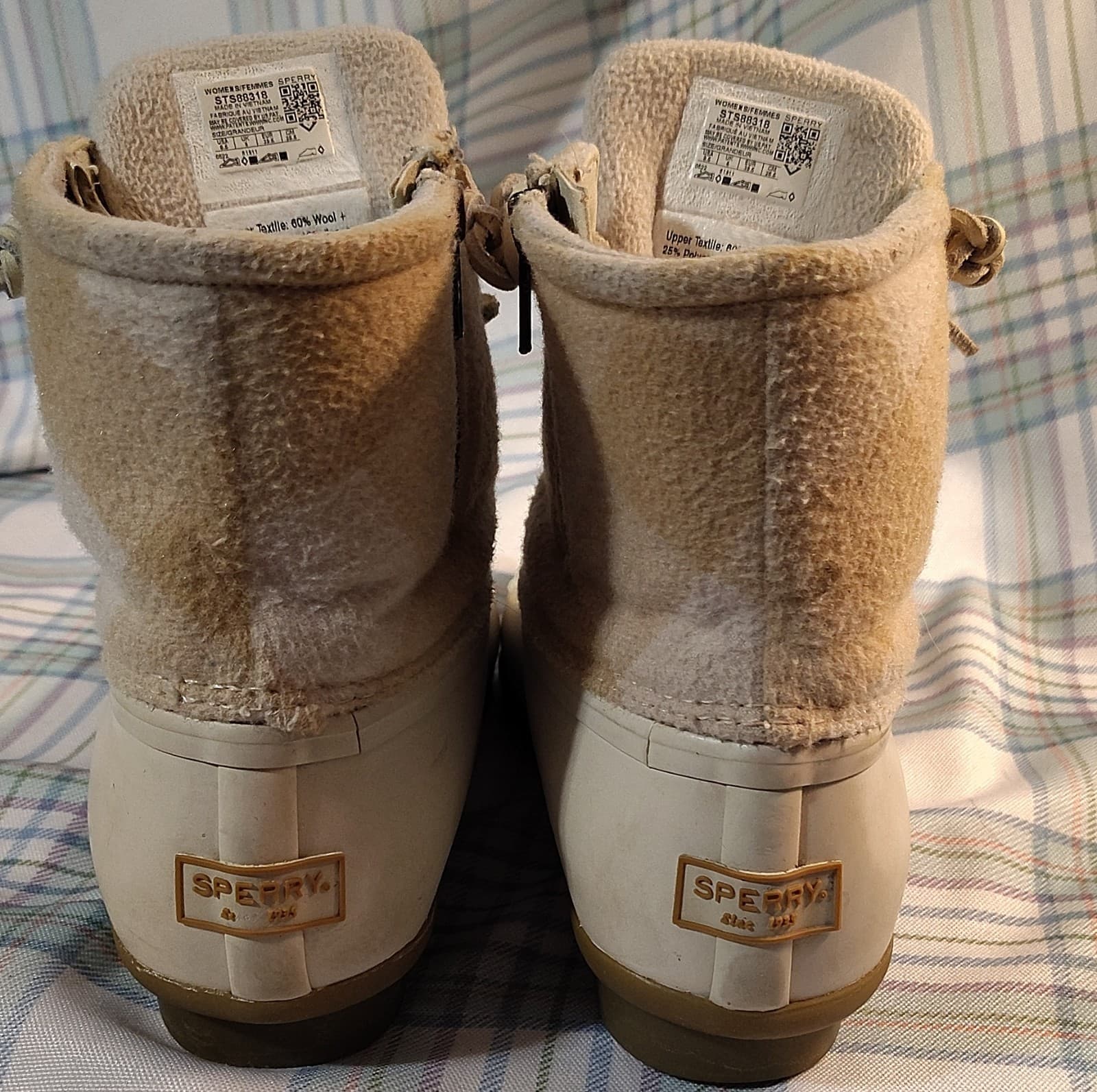 Sperry STS88318 Plaid Wool Blend Ankle Duck Boots Beige White Lace Rubber Sole - Thumbnail 8