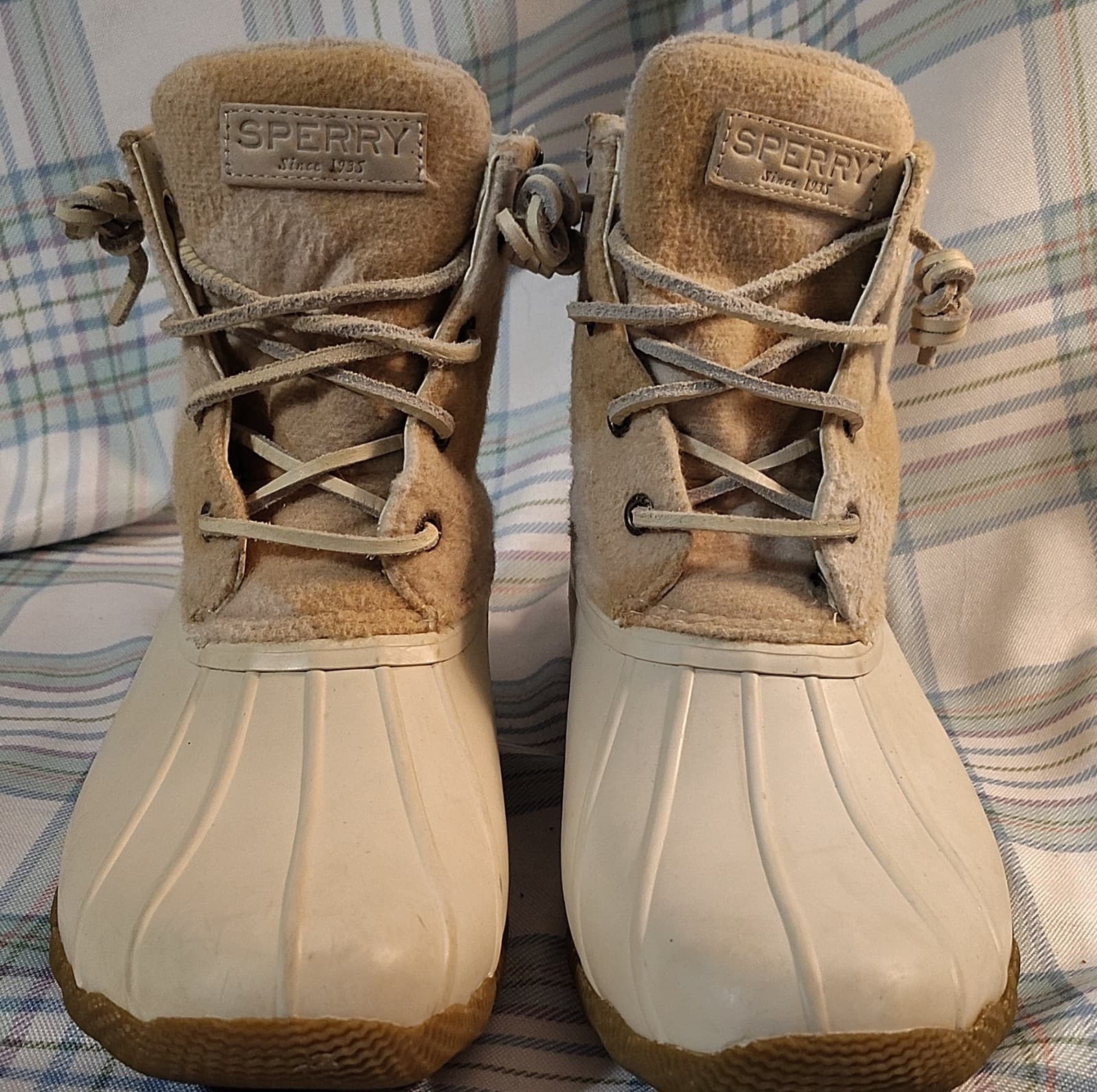Sperry STS88318 Plaid Wool Blend Ankle Duck Boots Beige White Lace Rubber Sole - Thumbnail 10