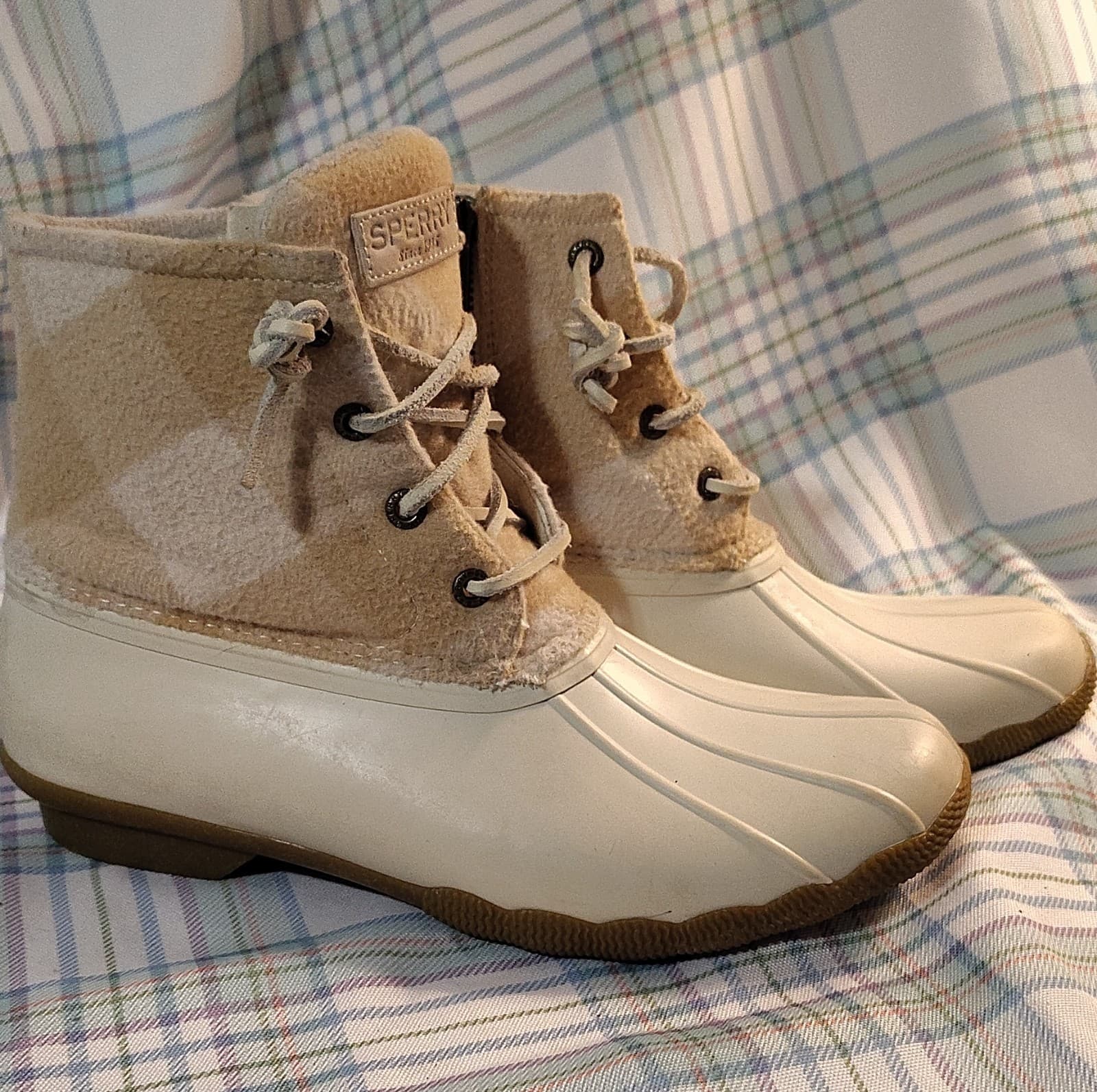 Sperry STS88318 Plaid Wool Blend Ankle Duck Boots Beige White Lace Rubber Sole - Thumbnail 15