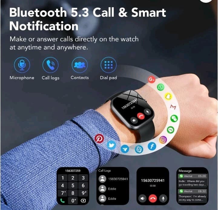 NIB Smart Bracelet 1.91" HD Screen Bluetooth Call Fitness Tracker Black Silicone - Thumbnail 5