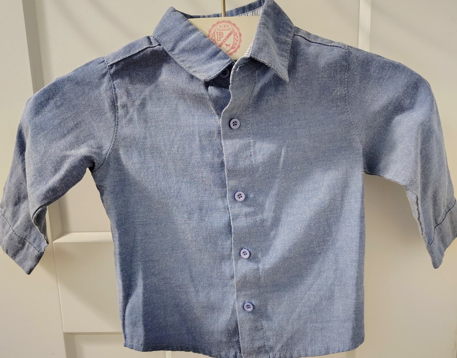 Baby Boy Dress Shirt By baby Boyz, Blue Linen, 18 Months - Thumbnail 3