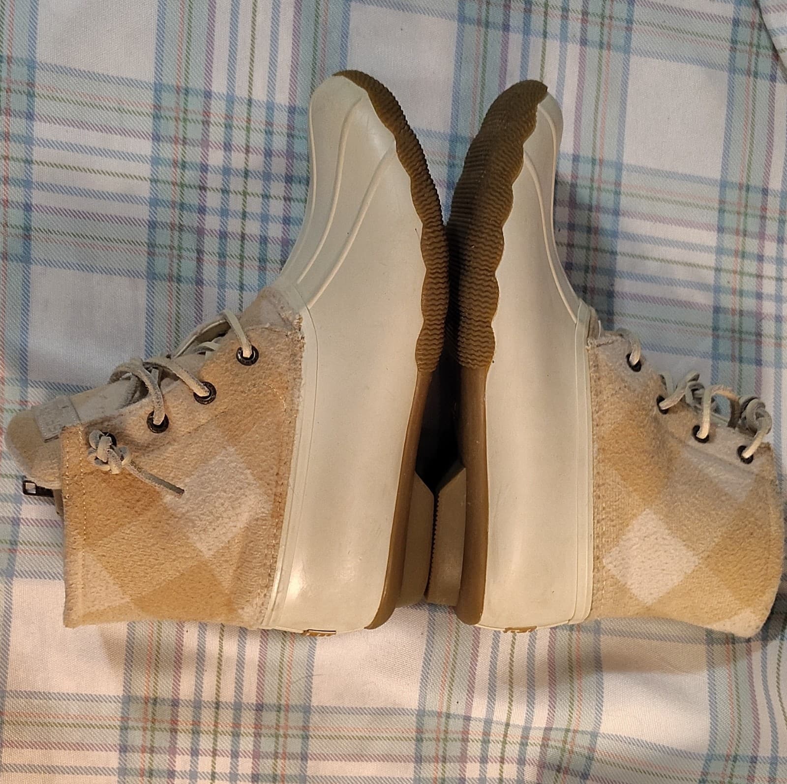 Sperry STS88318 Plaid Wool Blend Ankle Duck Boots Beige White Lace Rubber Sole - Thumbnail 14