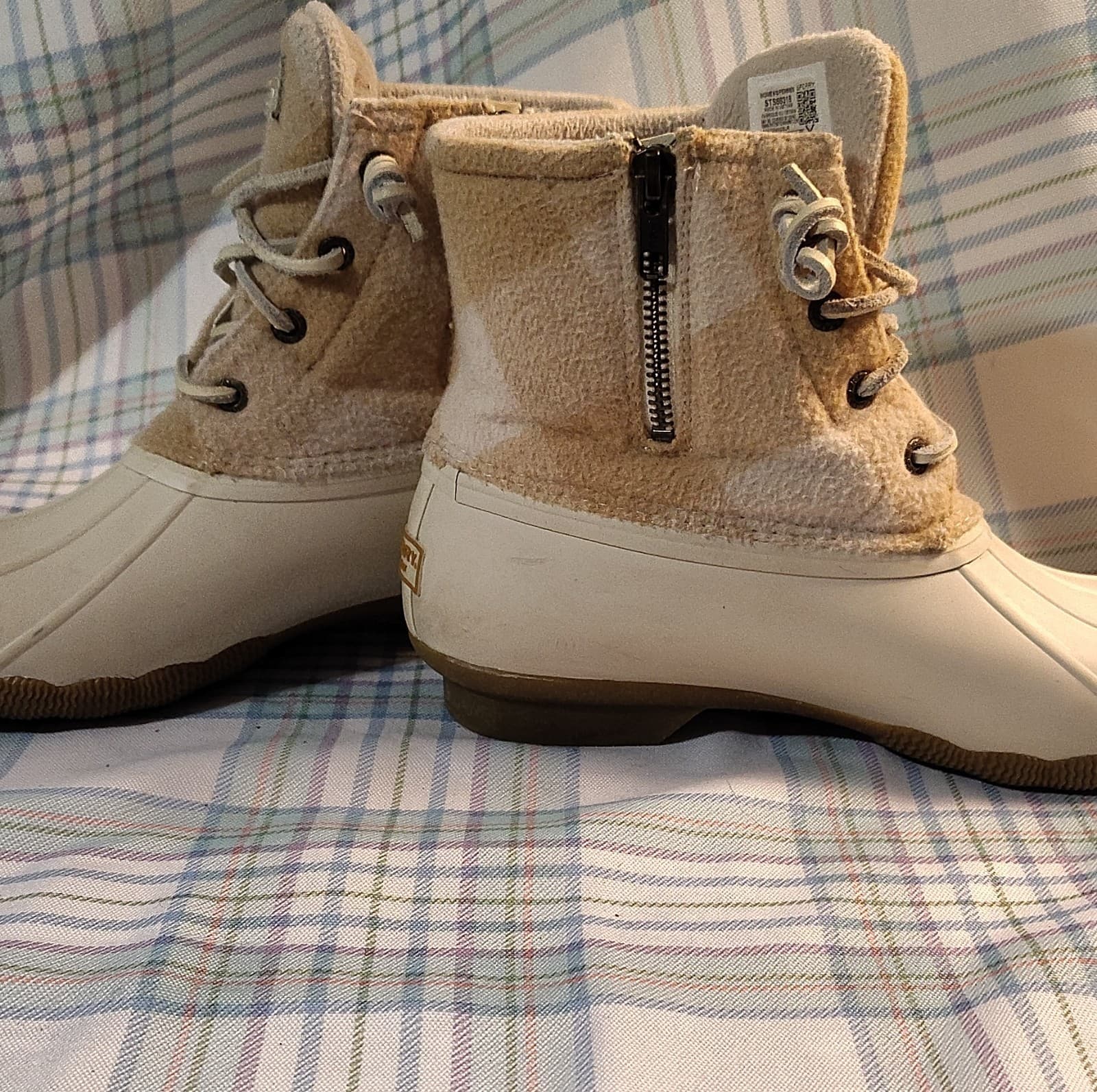 Sperry STS88318 Plaid Wool Blend Ankle Duck Boots Beige White Lace Rubber Sole - Thumbnail 6