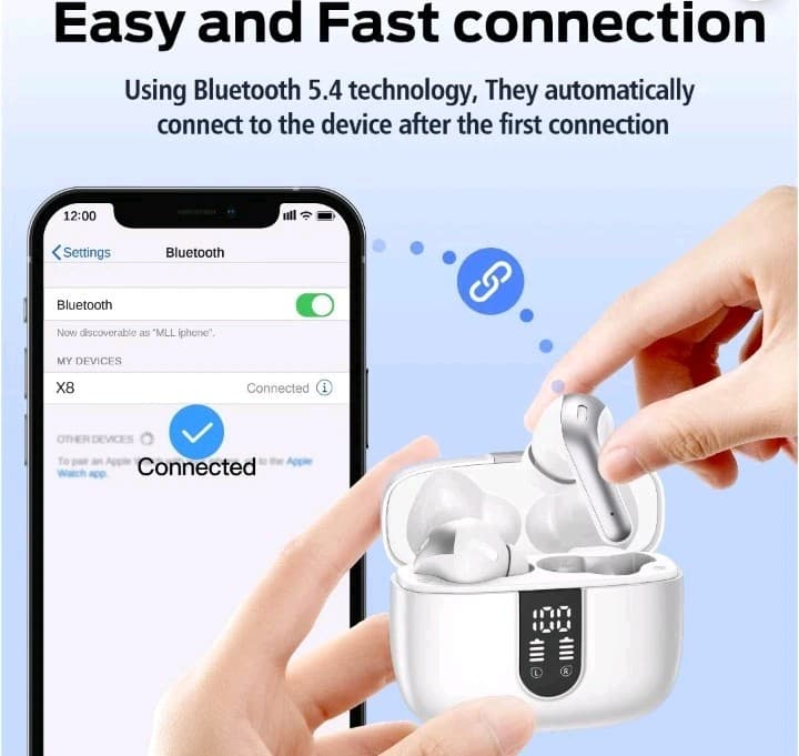 X8 Bluetooth 5.4 In-Ear Earbuds, Dual Display, Touch Control, White/Silver - Thumbnail 8