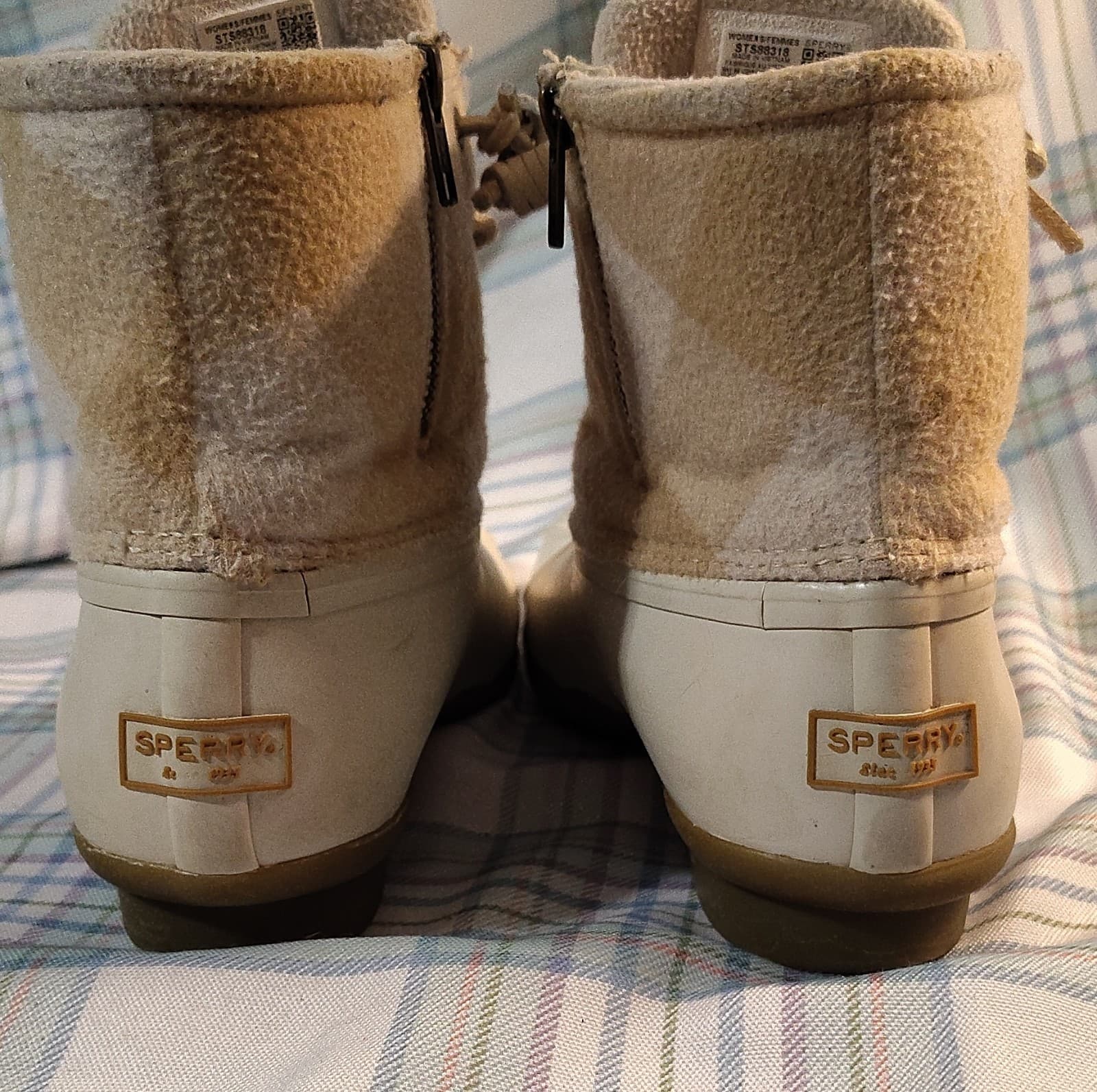 Sperry STS88318 Plaid Wool Blend Ankle Duck Boots Beige White Lace Rubber Sole - Thumbnail 11