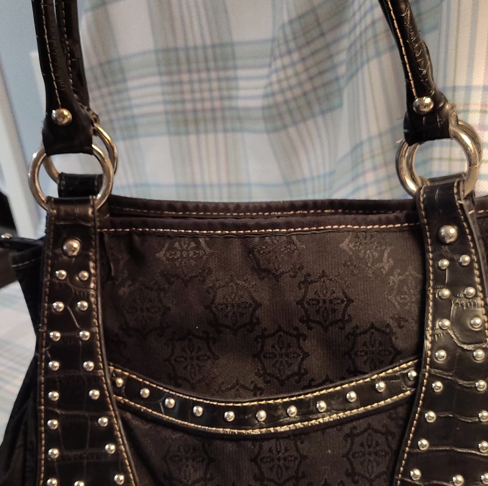 Mercer & Madison Studded Jacquard Shoulder Bag Black Buckle Accent Designer - Thumbnail 17