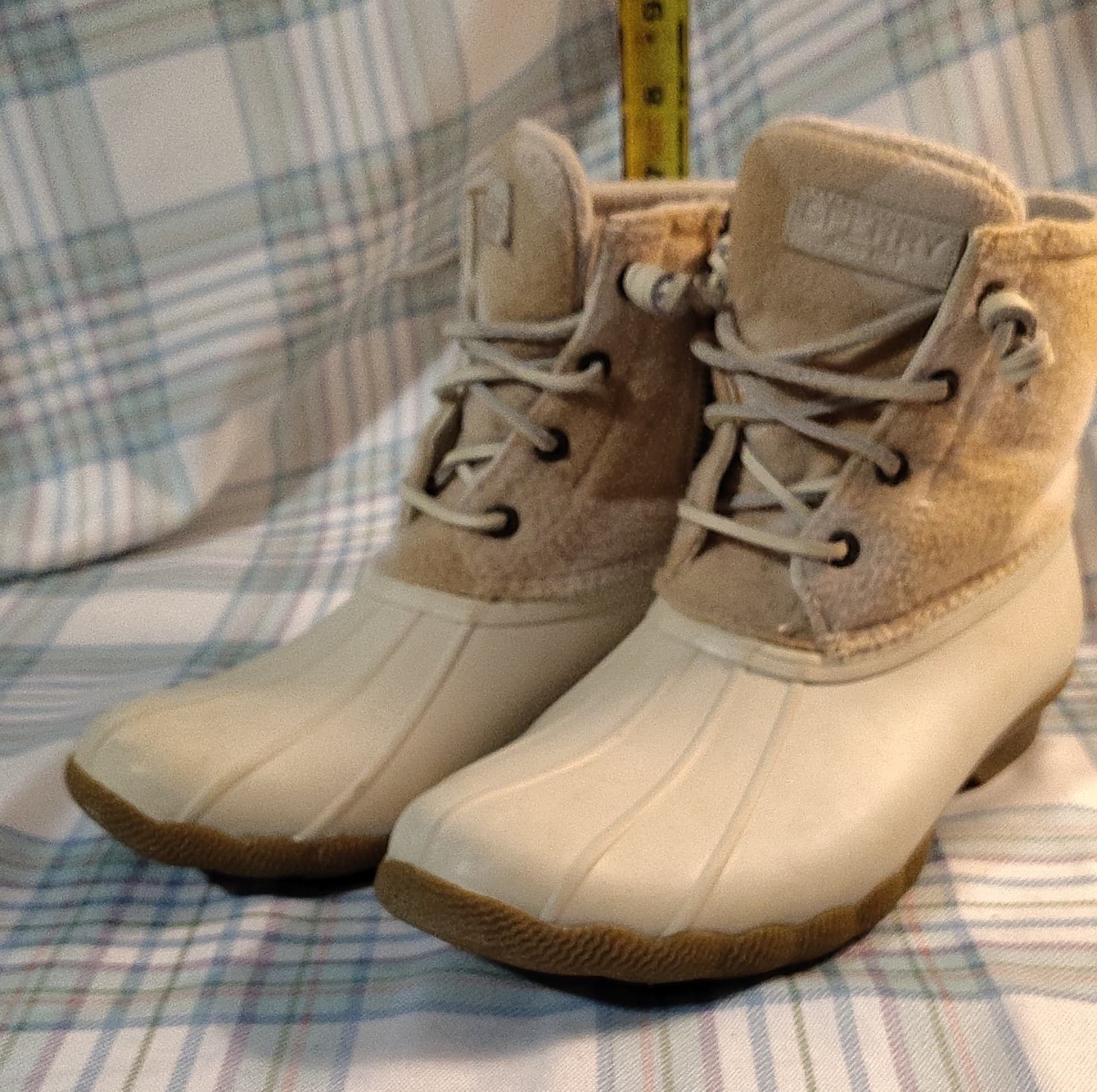 Sperry STS88318 Plaid Wool Blend Ankle Duck Boots Beige White Lace Rubber Sole - Thumbnail 3