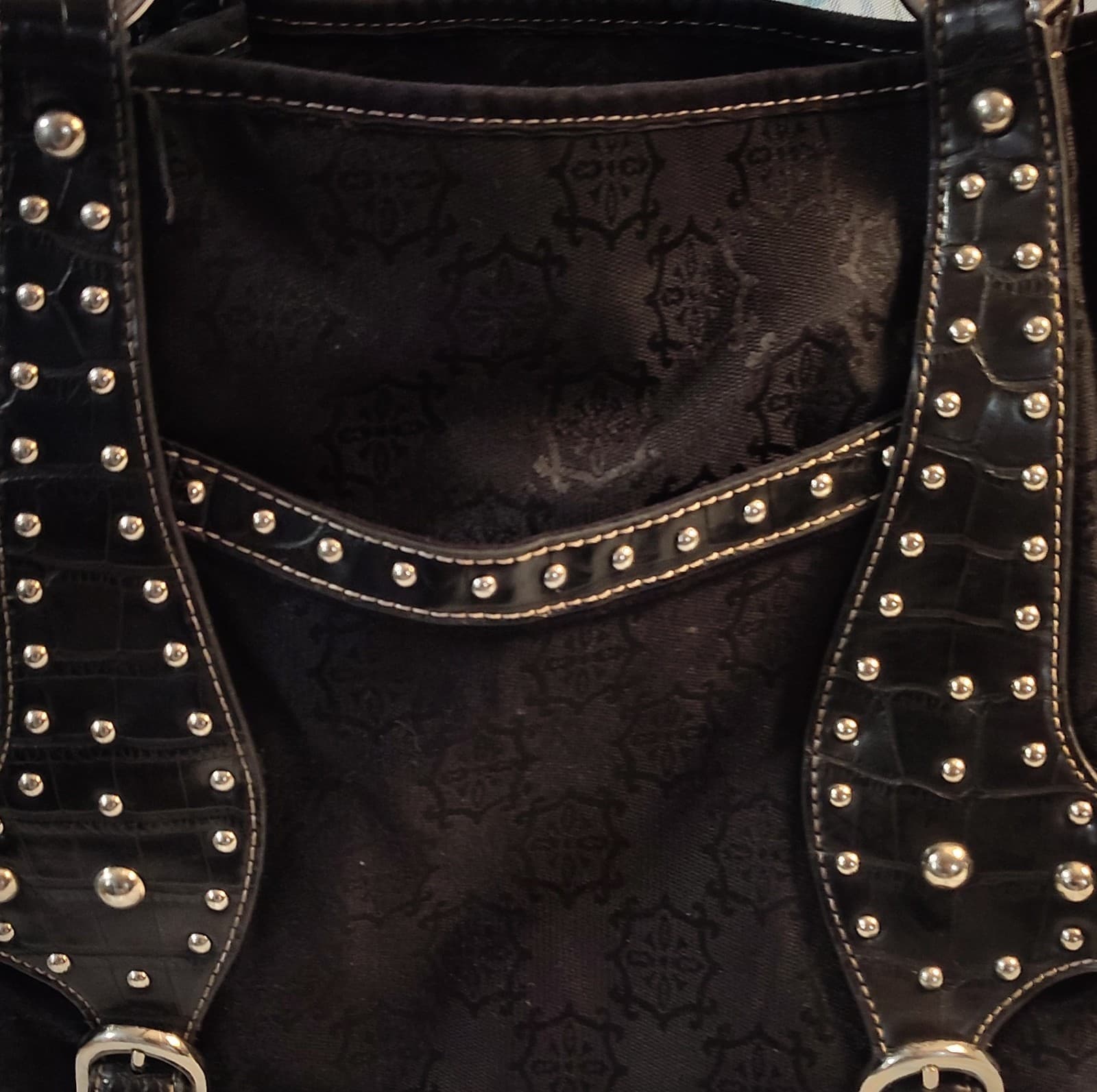Mercer & Madison Studded Jacquard Shoulder Bag Black Buckle Accent Designer - Thumbnail 2