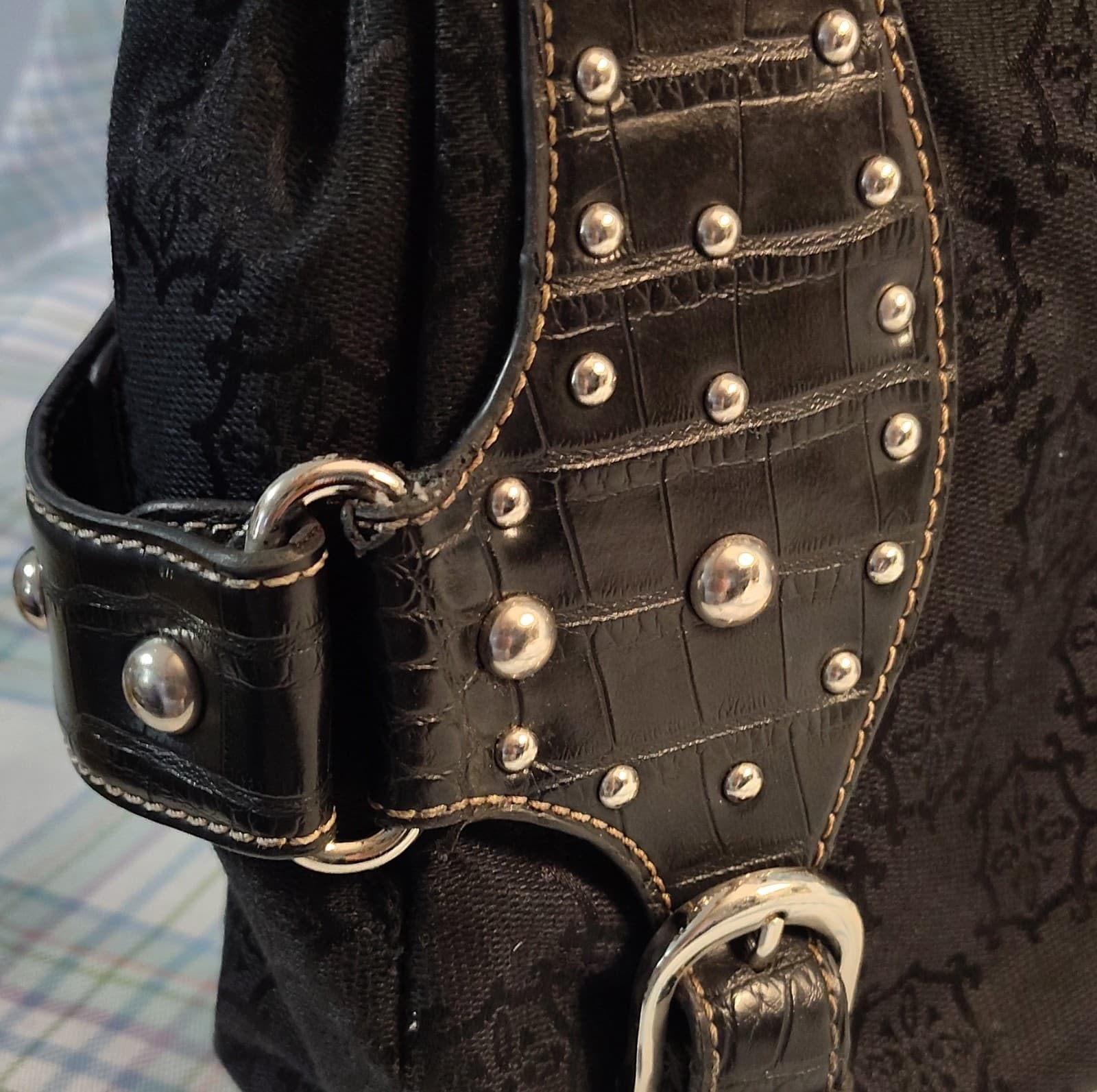 Mercer & Madison Studded Jacquard Shoulder Bag Black Buckle Accent Designer - Thumbnail 5