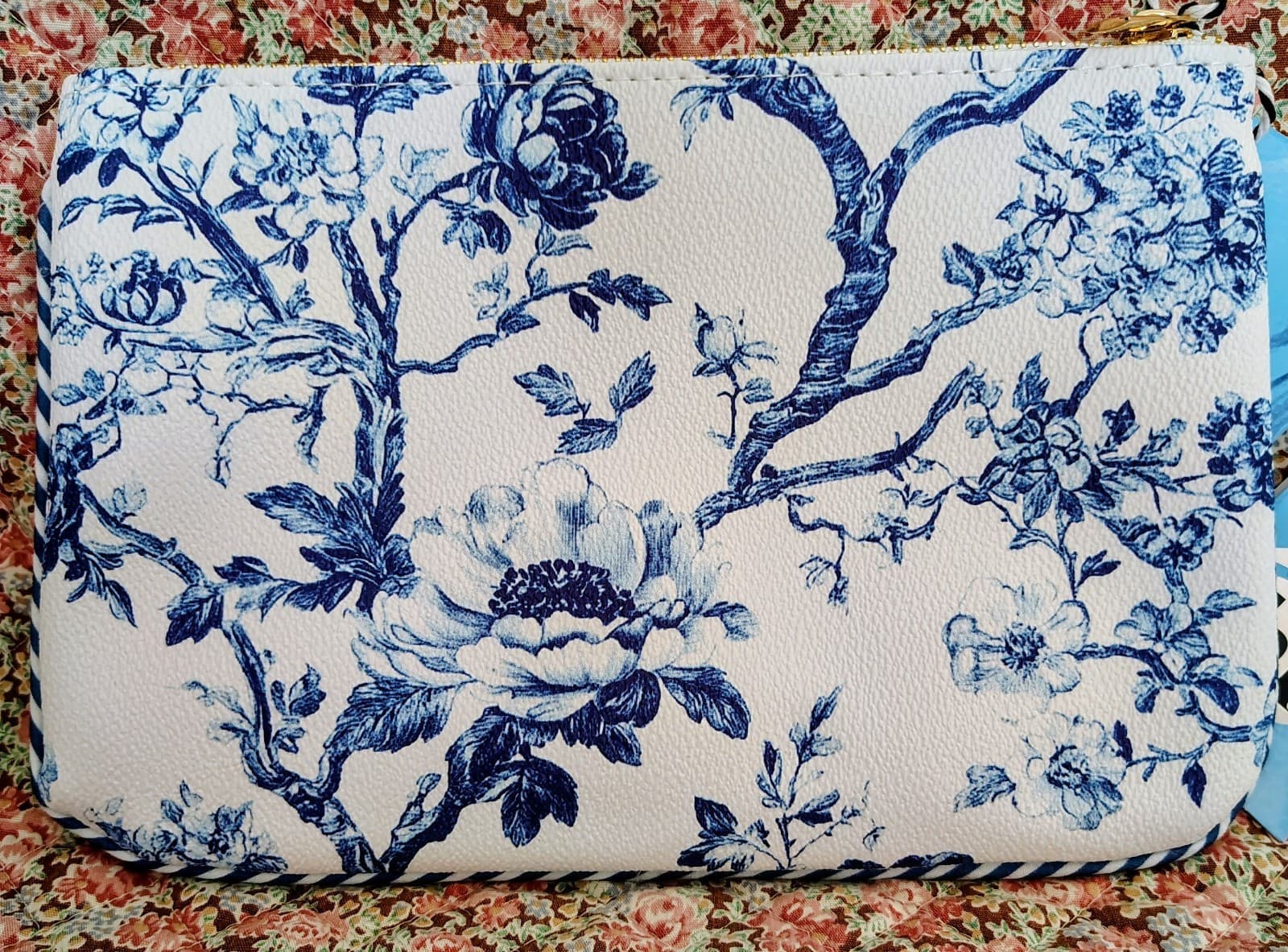 Hi Peach Layne Blue Toile Large Zipper Pouch