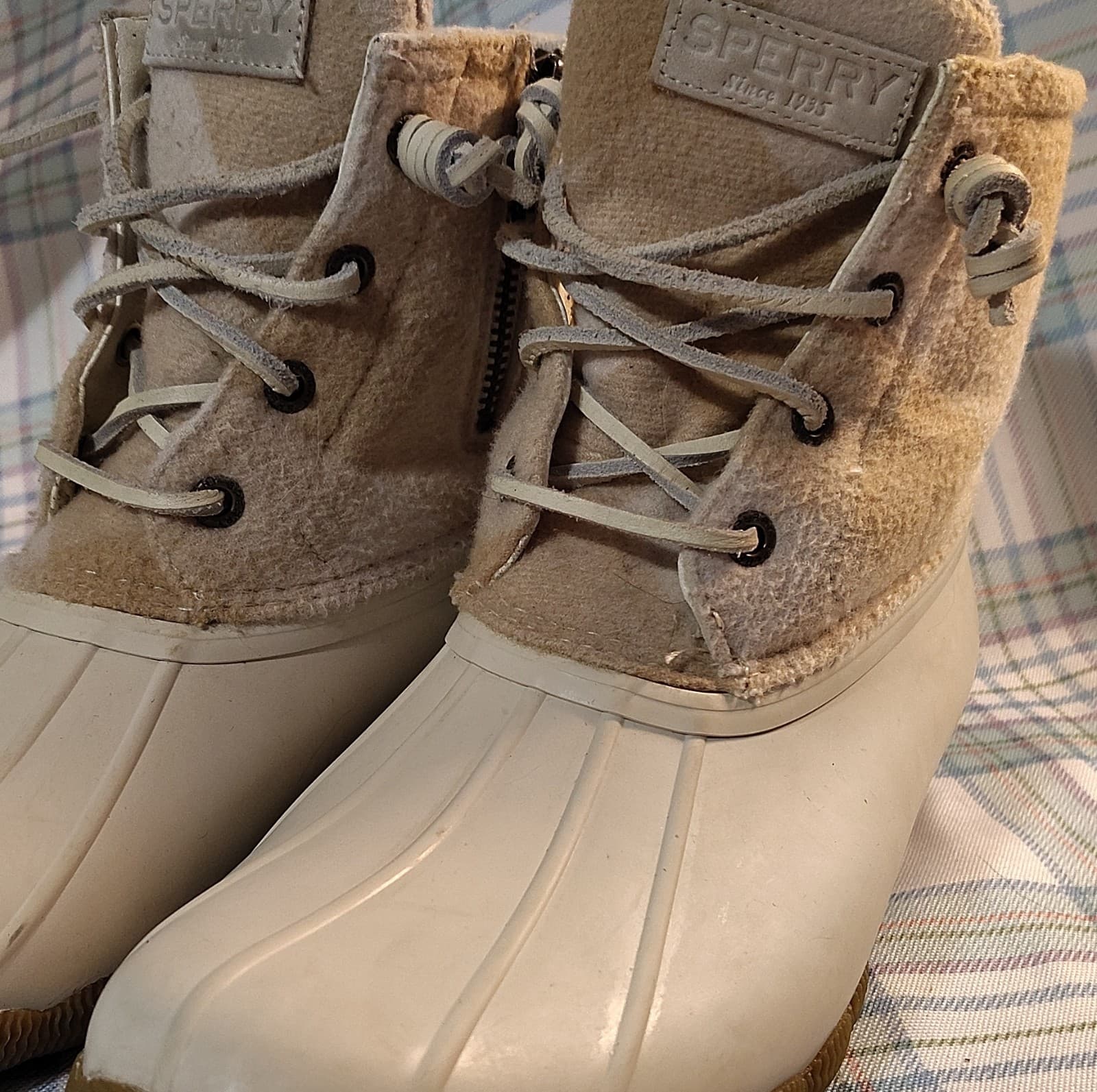Sperry STS88318 Plaid Wool Blend Ankle Duck Boots Beige White Lace Rubber Sole - Thumbnail 5