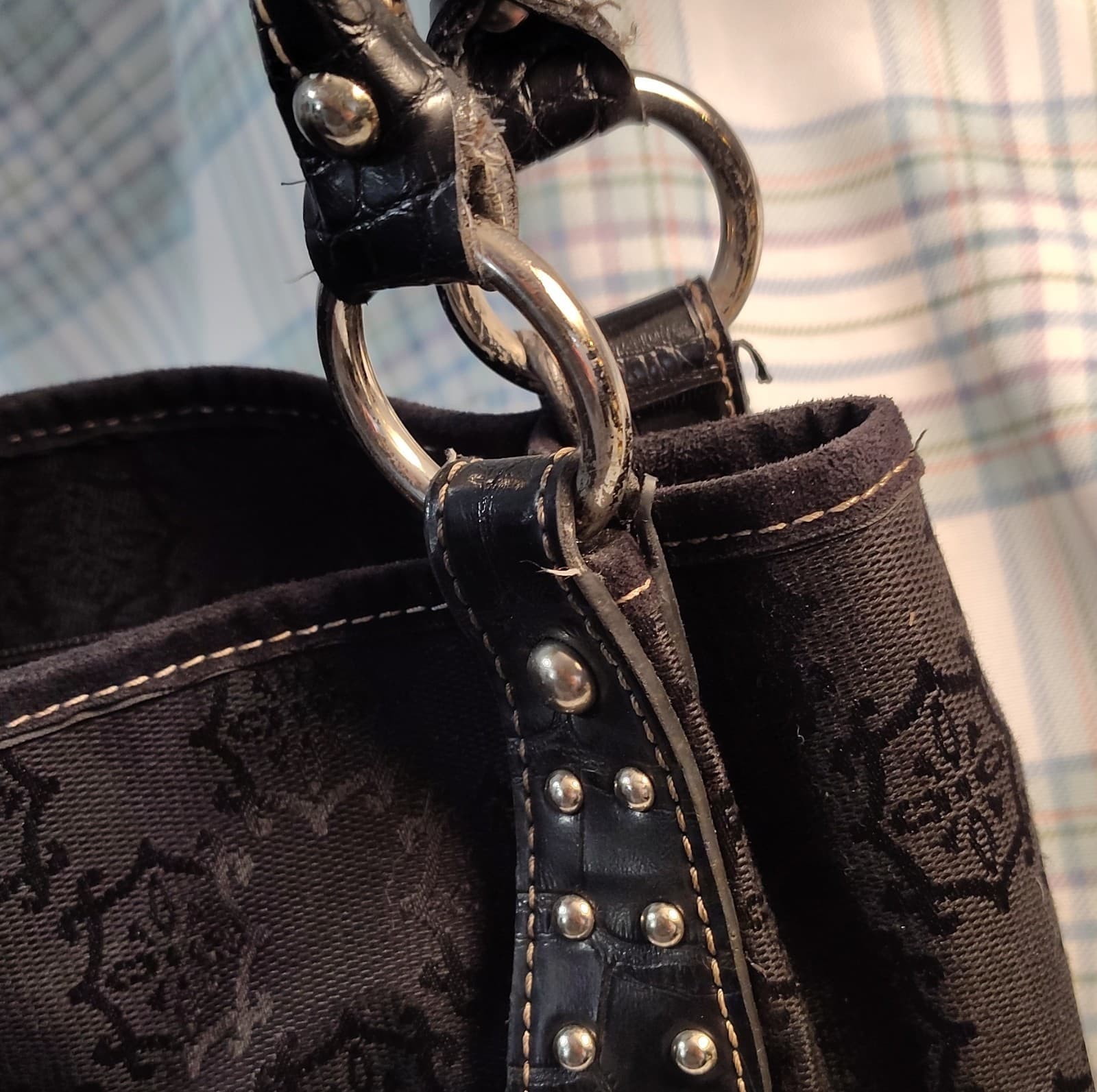 Mercer & Madison Studded Jacquard Shoulder Bag Black Buckle Accent Designer - Thumbnail 6