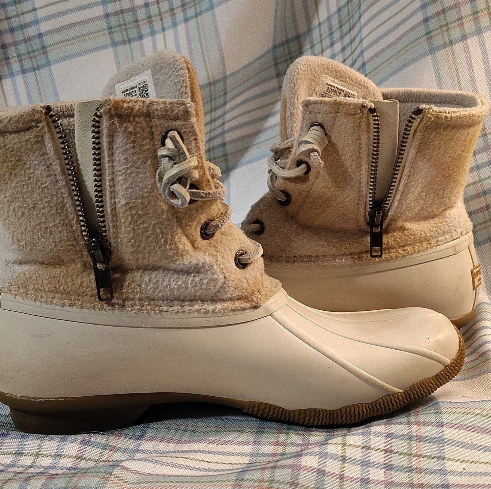 Sperry STS88318 Plaid Wool Blend Ankle Duck Boots Beige White Lace Rubber Sole - Thumbnail 9