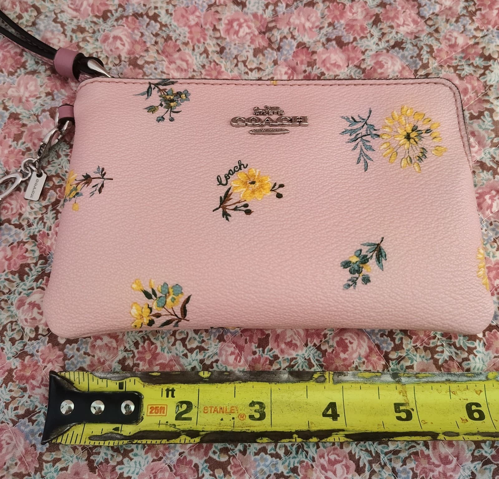 Coach Pink Floral Zip Wristlet With Butterfly and Coach C Bag Charms - Thumbnail 3