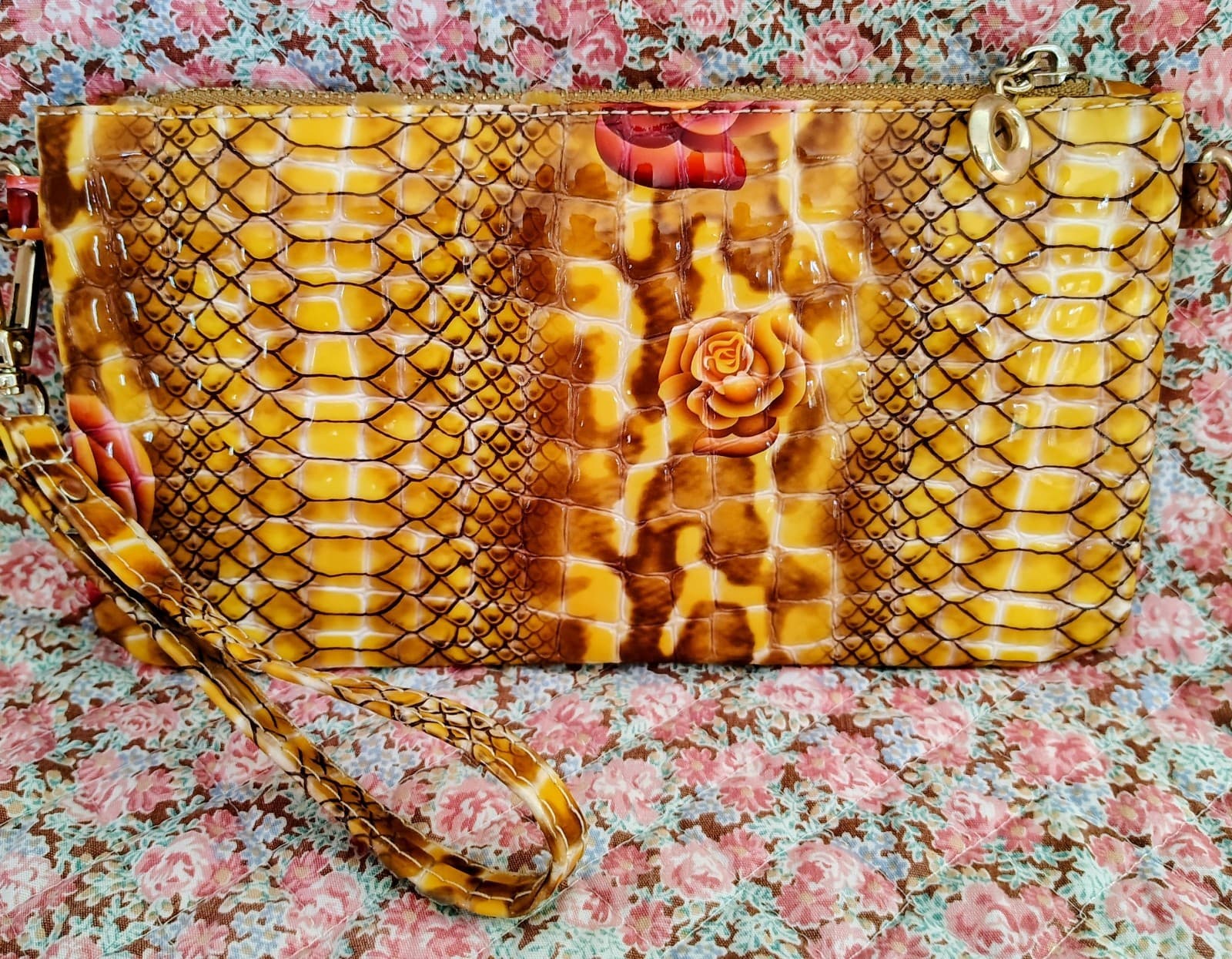 Wallet, Faux Leather, Shiny, Snakeskin Theme, Gold Charm
