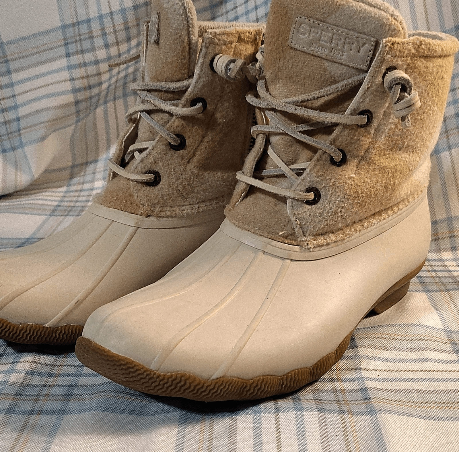 Sperry STS88318 Plaid Wool Blend Ankle Duck Boots Beige White Lace Rubber Sole - Thumbnail 2