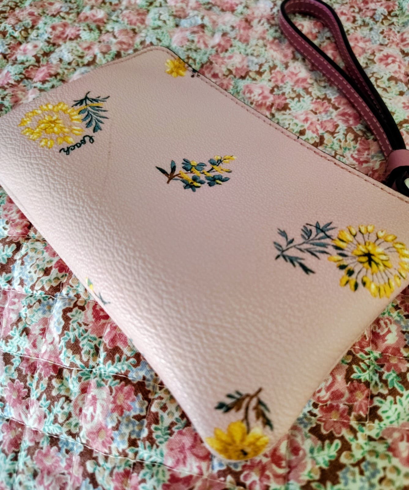 Coach Pink Floral Zip Wristlet With Butterfly and Coach C Bag Charms - Thumbnail 2