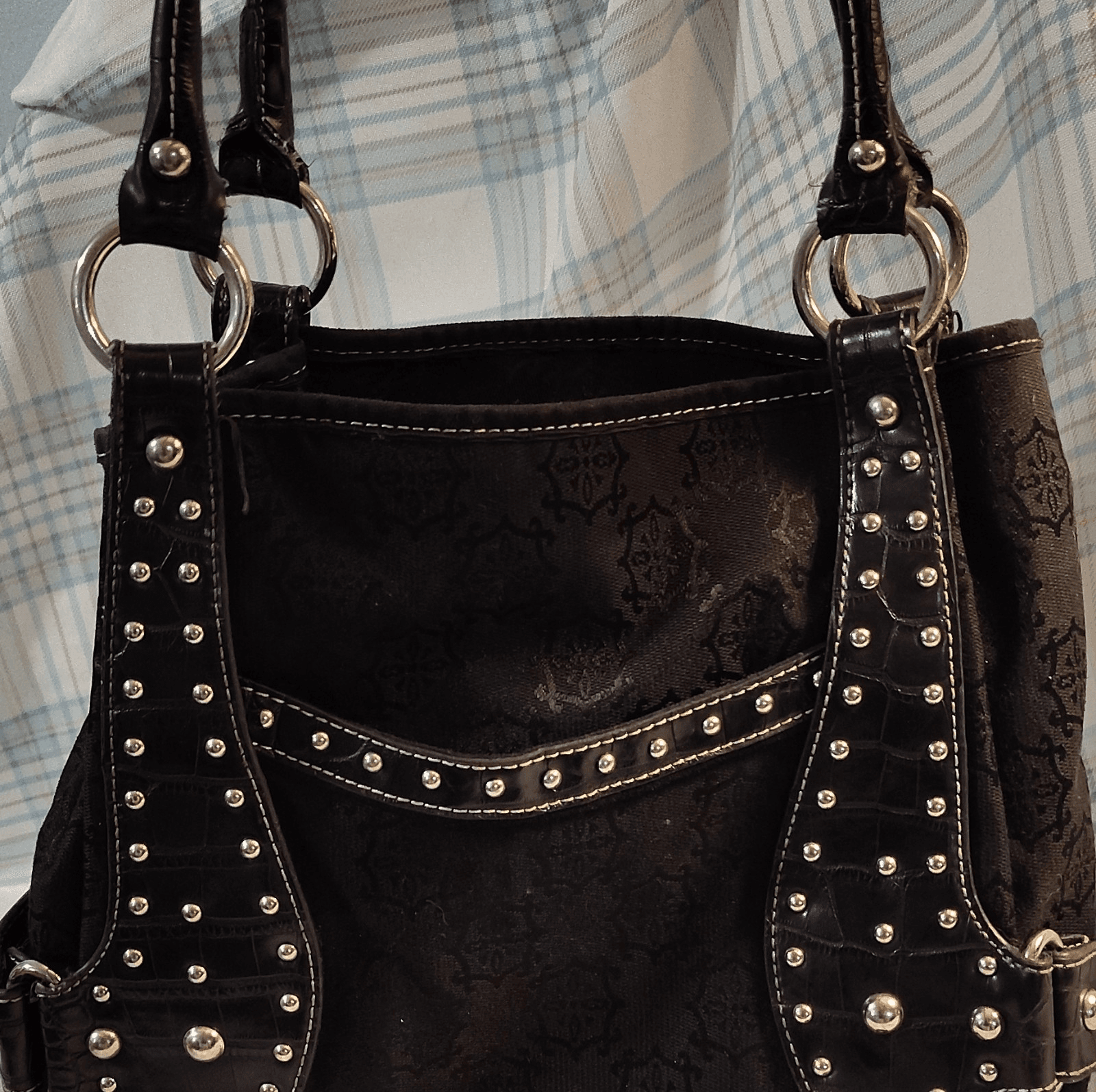 Mercer & Madison Studded Jacquard Shoulder Bag Black Buckle Accent Designer