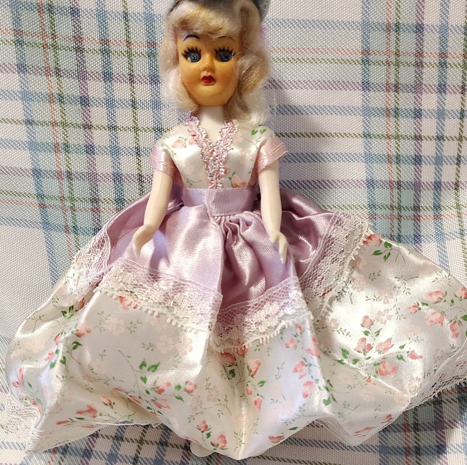 Vintage Plastic Doll Blonde Hair Purple Floral Dress with Hat
