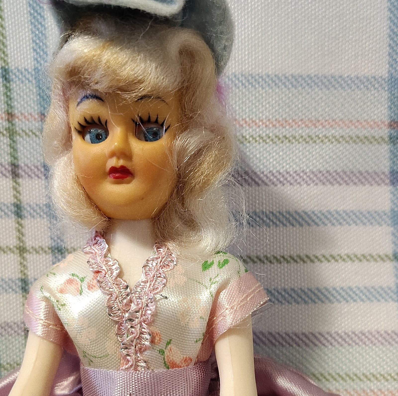 Vintage Plastic Doll Blonde Hair Purple Floral Dress with Hat - Thumbnail 2