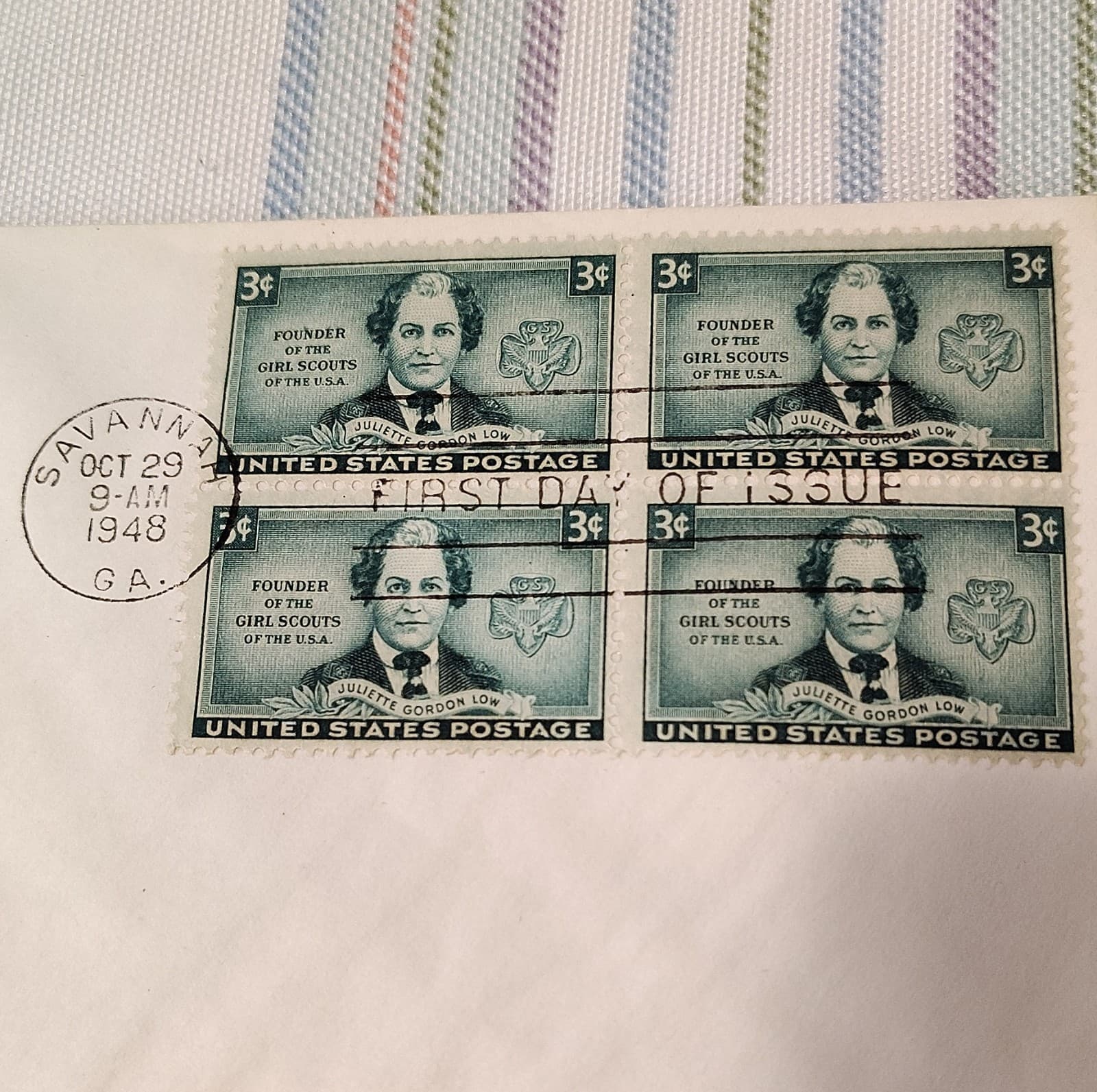 1948 Girl Scouts Juliette Low First Day Cover 3¢ US Plate Block Savannah GA - Thumbnail 3