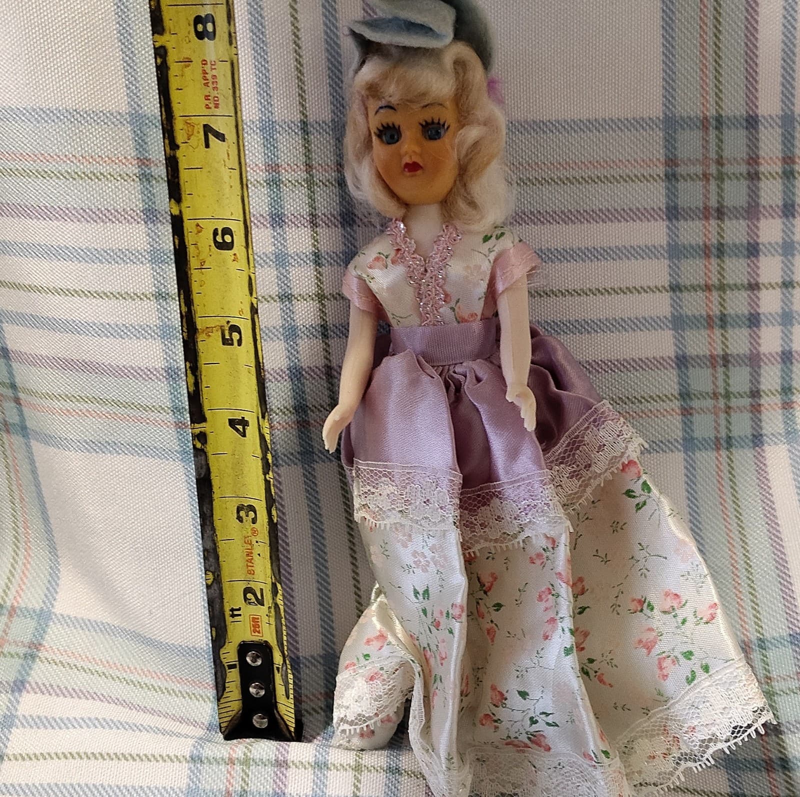 Vintage Plastic Doll Blonde Hair Purple Floral Dress with Hat - Thumbnail 7