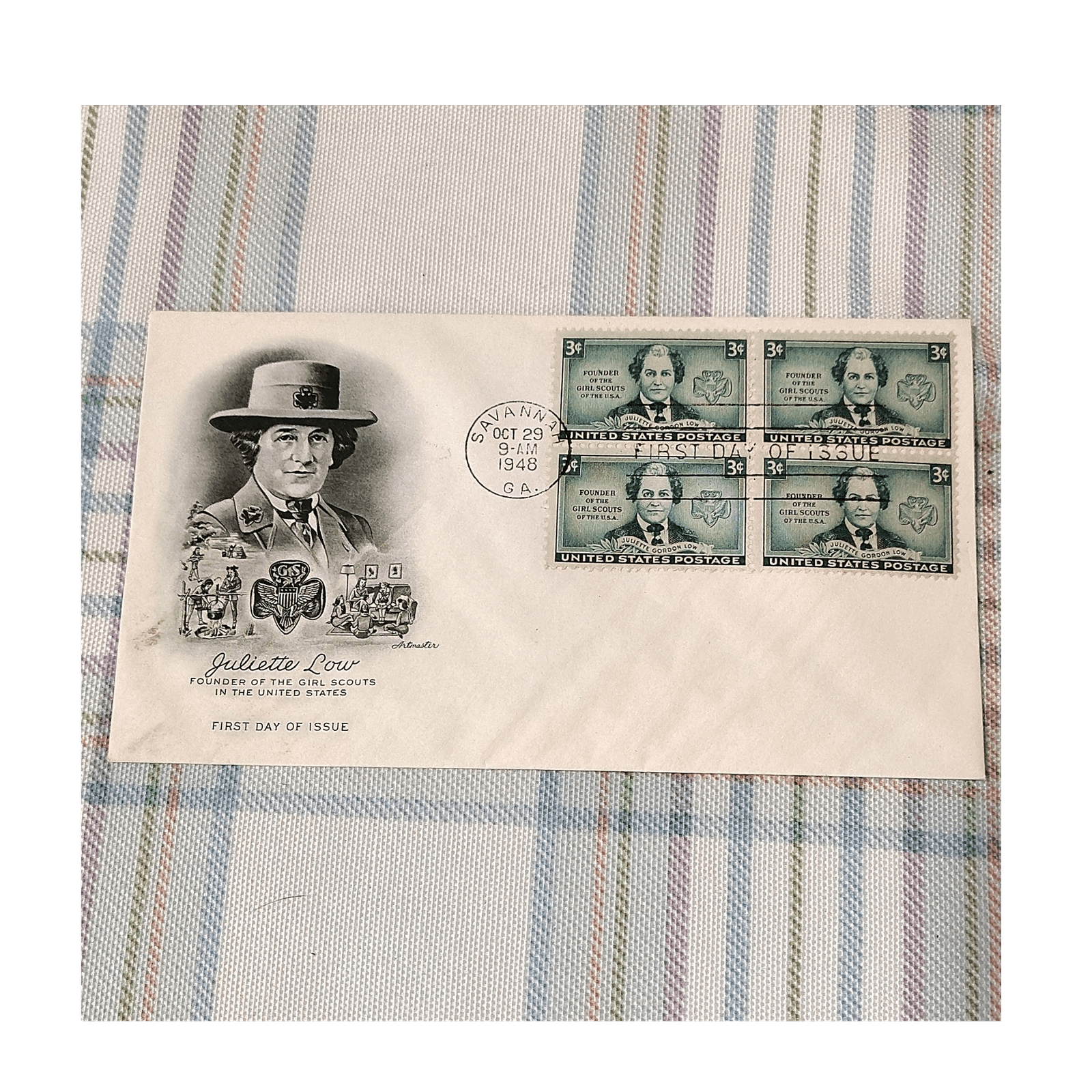 1948 Girl Scouts Juliette Low First Day Cover 3¢ US Plate Block Savannah GA